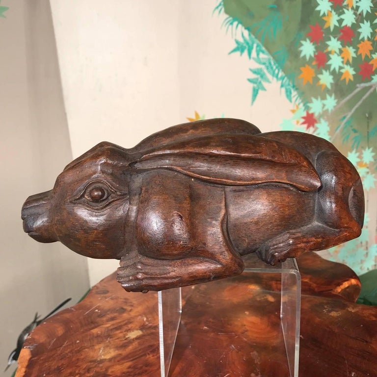 Japanese Vintage Long Ear Hand-Carved Wood Rabbit Unusual Stealthy