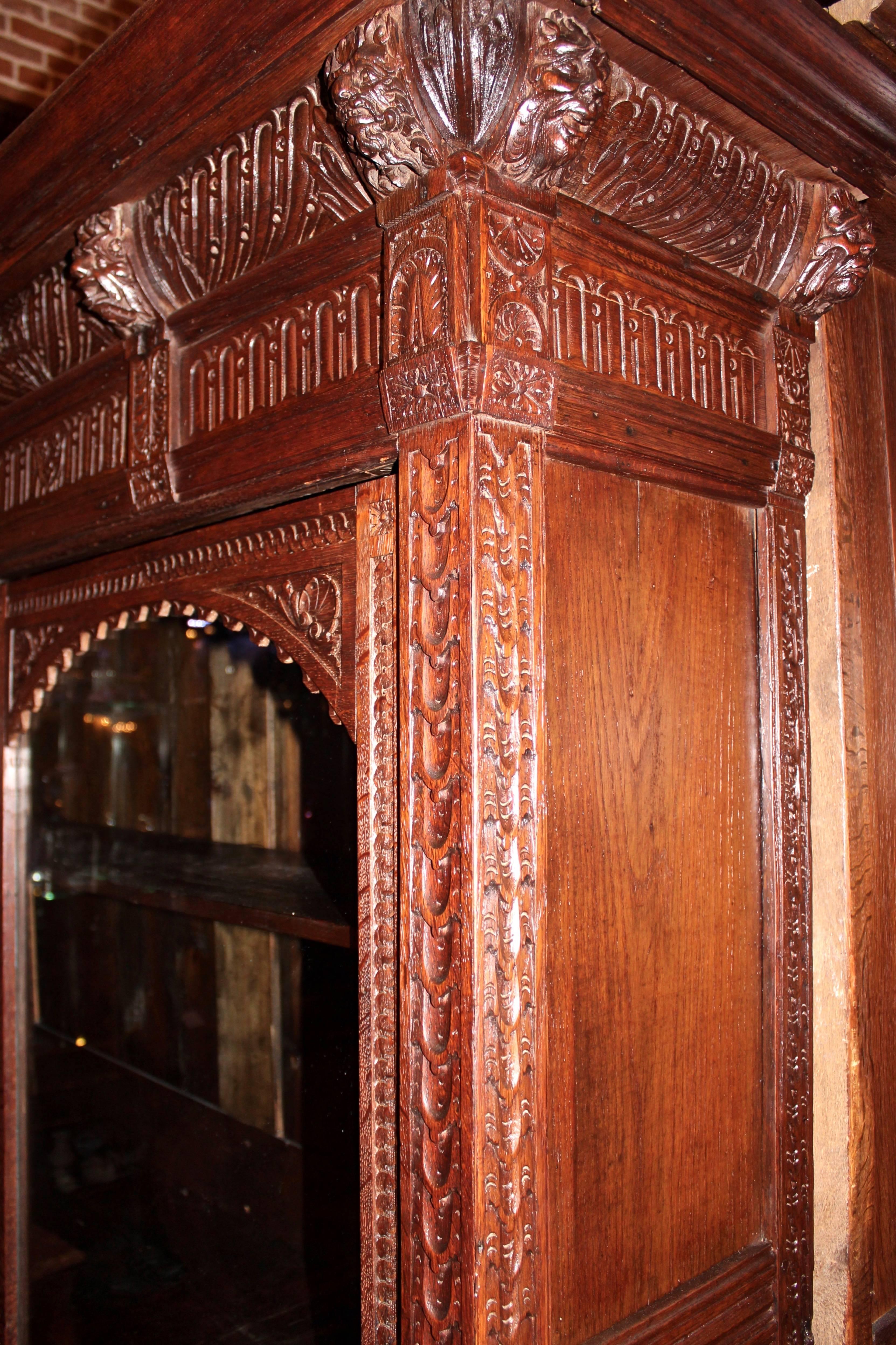 Oak Hand-Carved Bookcase with Glass Door Display For Sale