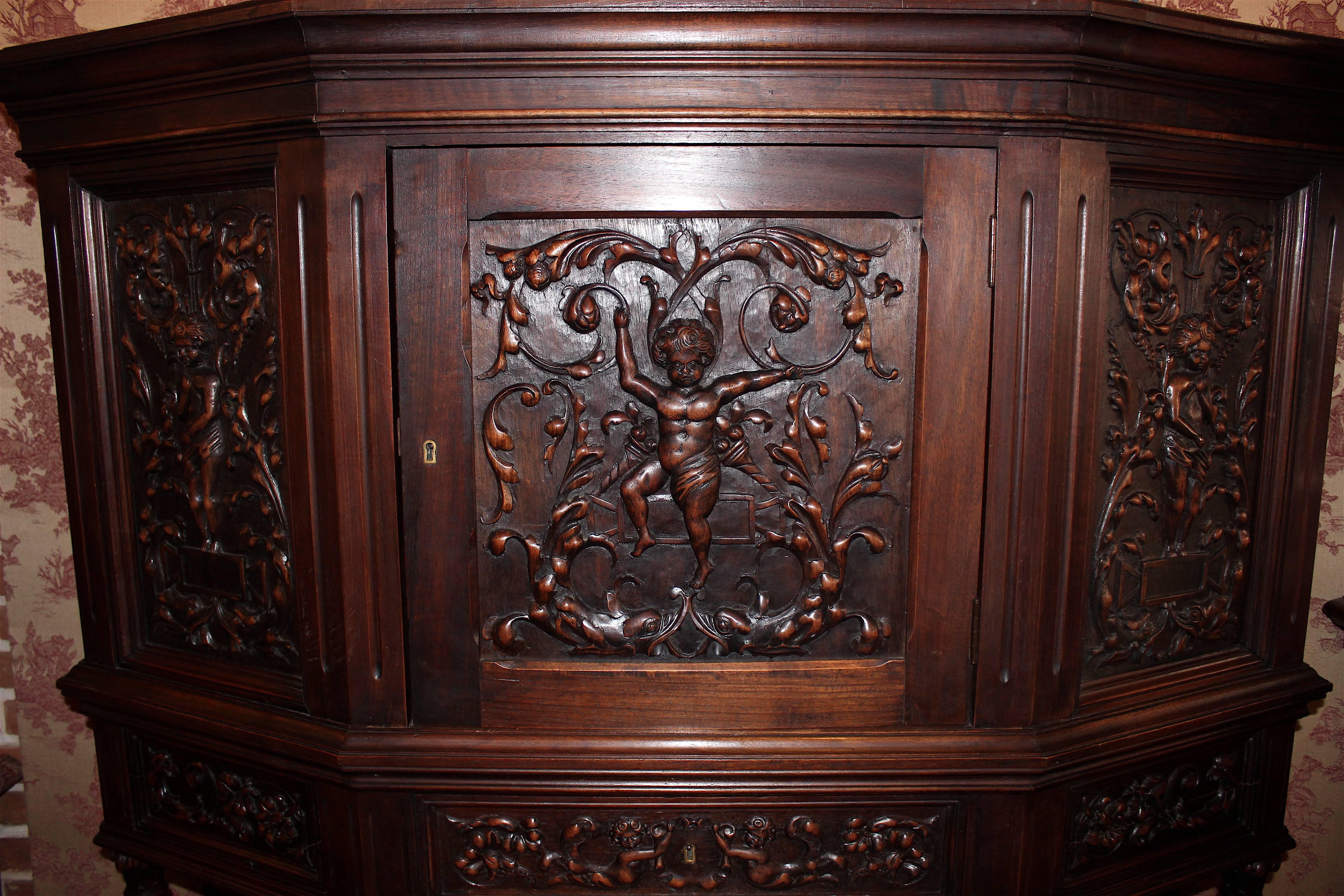 French Ornately Carved Renaissance Cabinet For Sale
