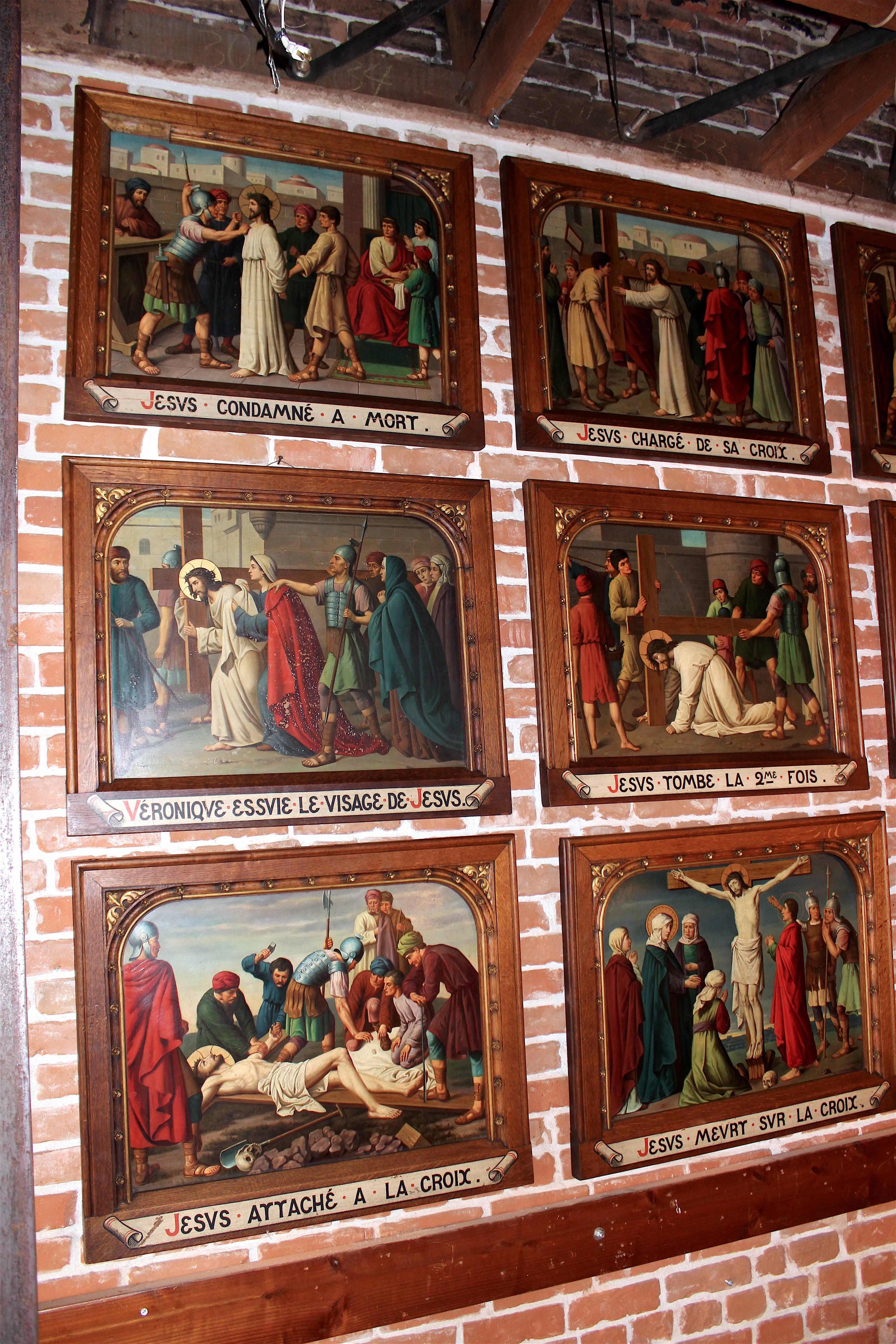The 14 stations of the cross are depicted on these copper paintings from France. Each depicts one of the stations with the description in French along the bottom edge of the oak frames. The paintings are rendered in full color and are in amazing