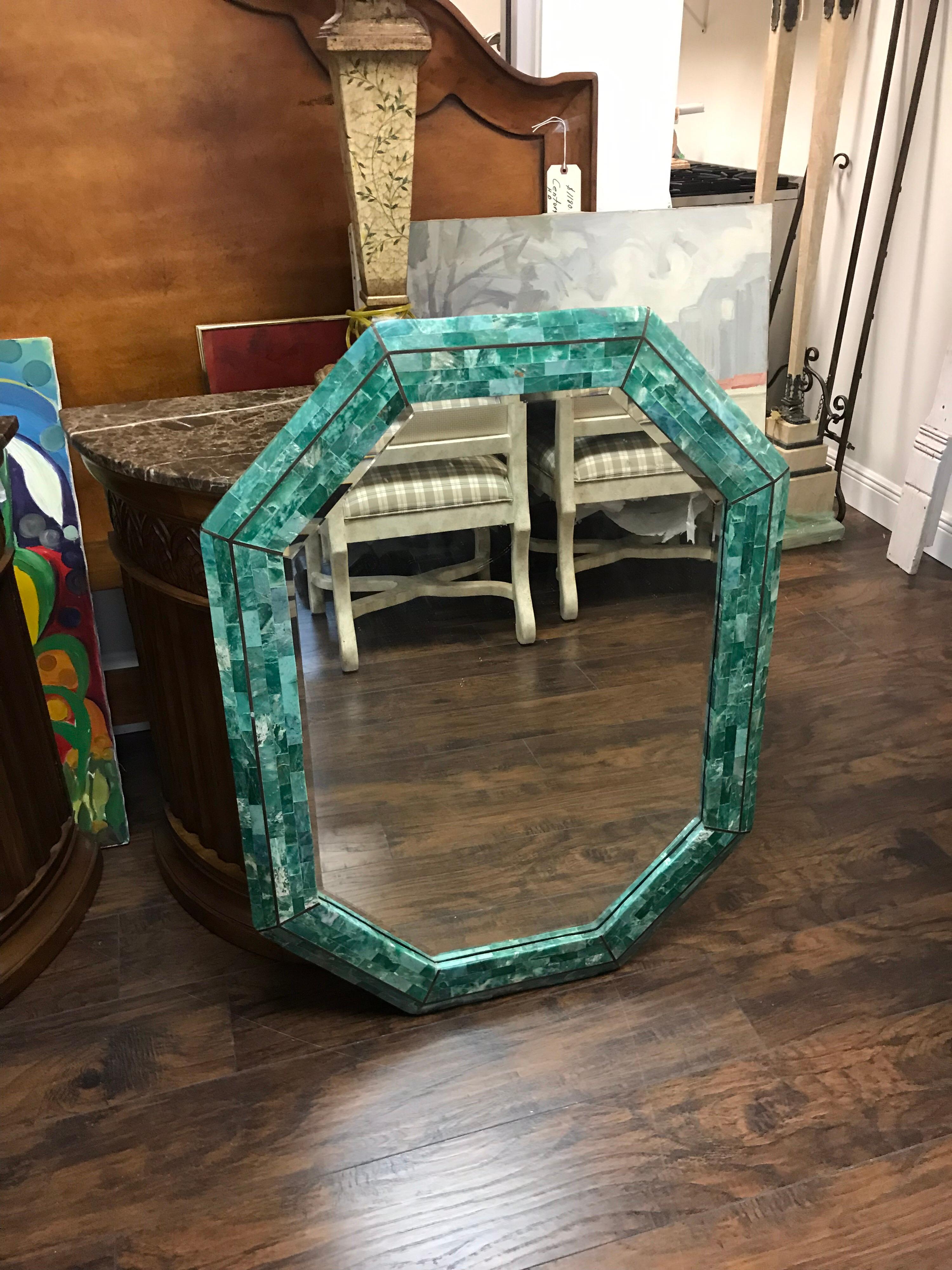 Brass Maitland-Smith Tessellated Stone Octagonal Mirror