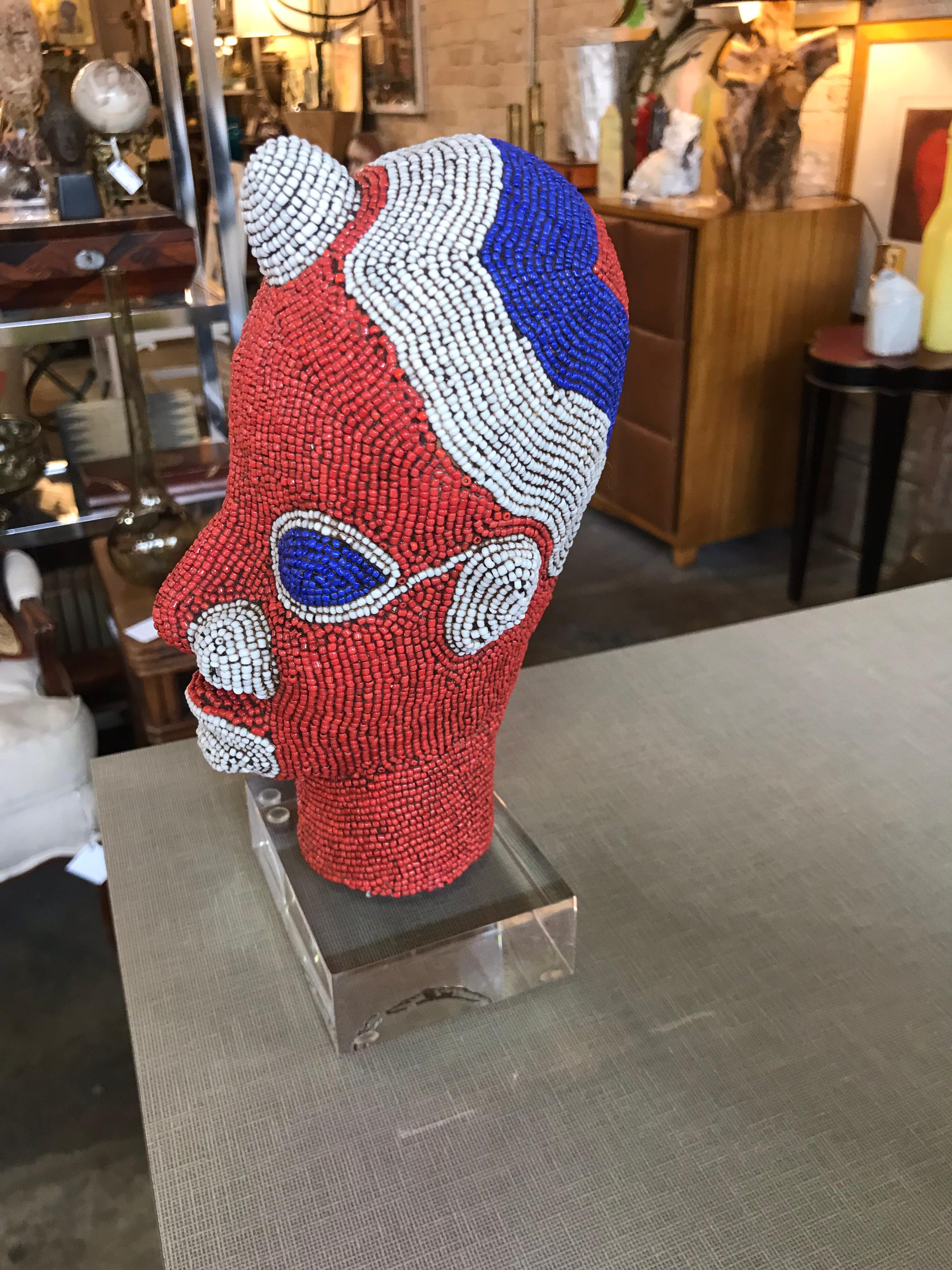 African Beaded Head from Cameroon In Excellent Condition In Chicago, IL