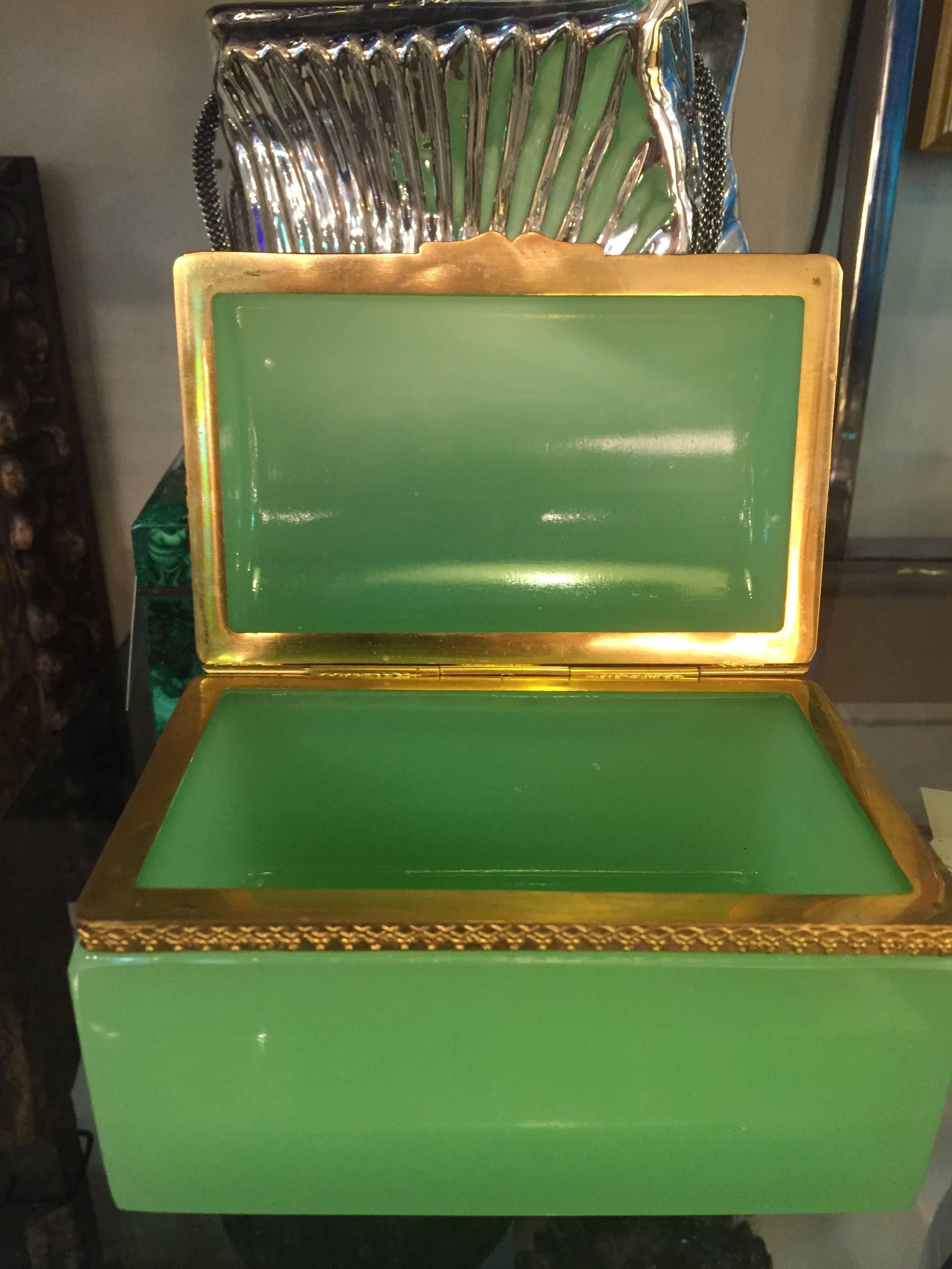 Bronze French 19th Century Green Opaline Box