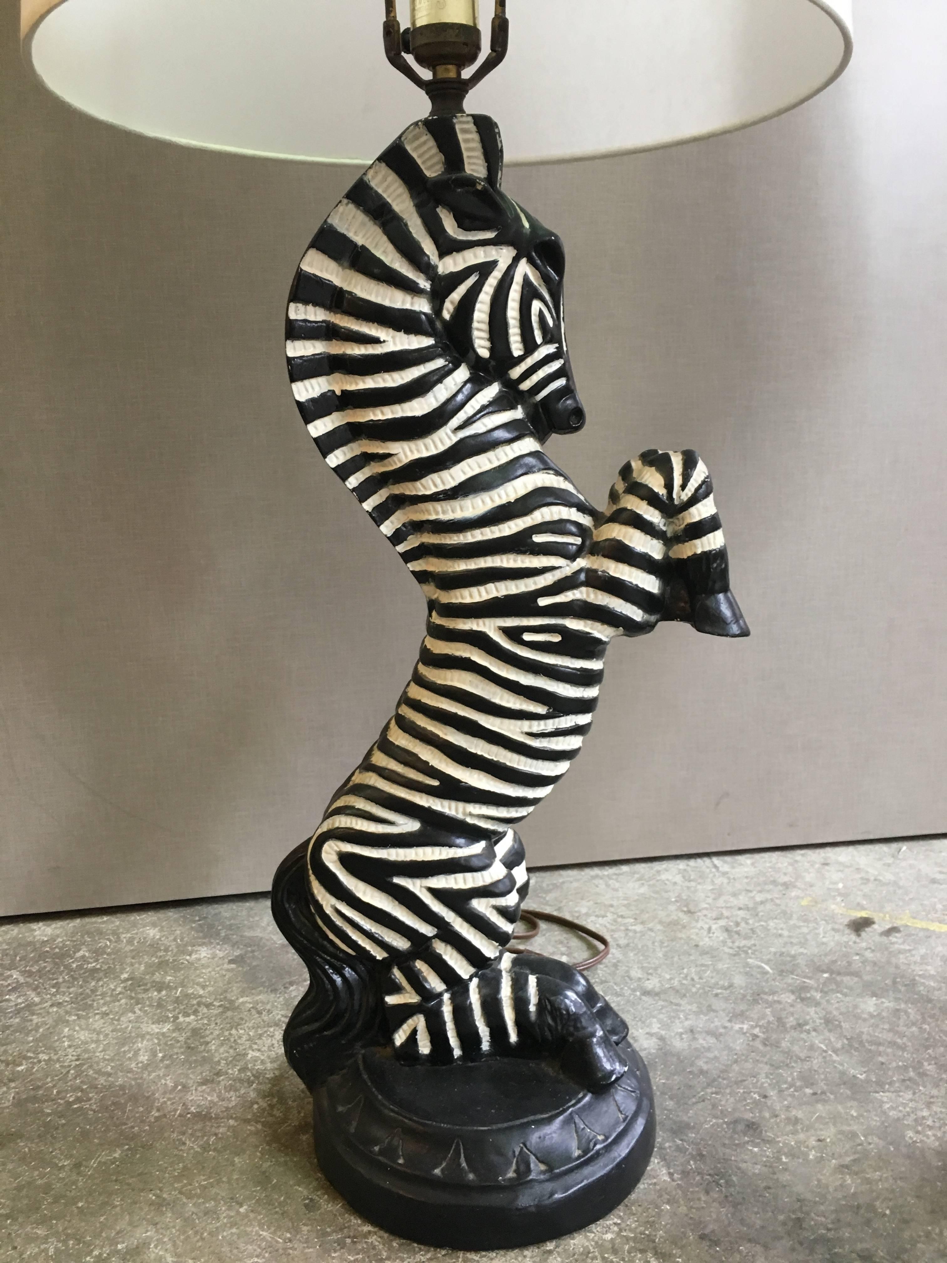 A pair of hand-painted composition zebra lamps. Without shade to top of zebra head is 23.0 inches.
