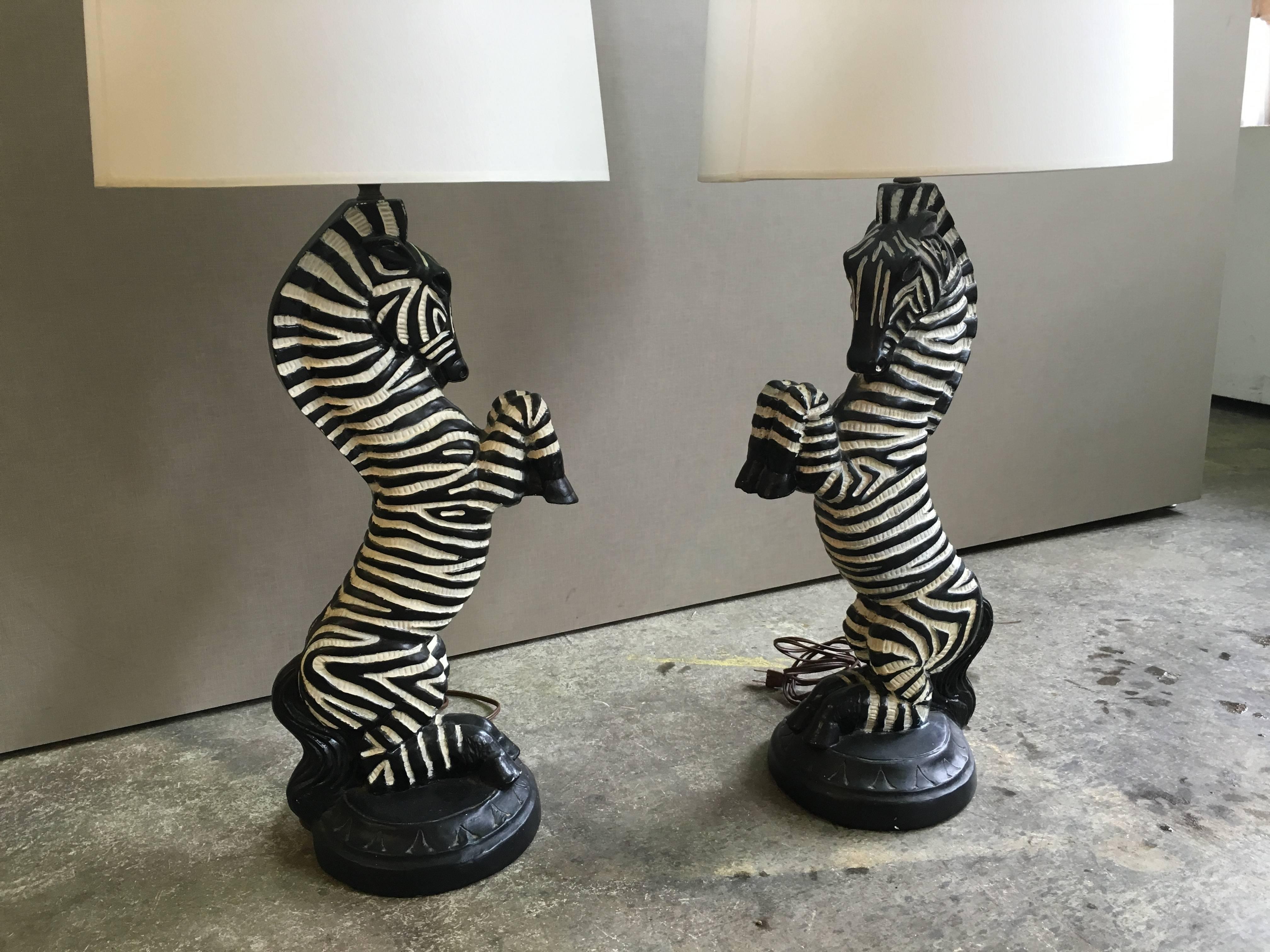 Pair of Mid-Century Zebra Lamps In Good Condition In Chicago, IL