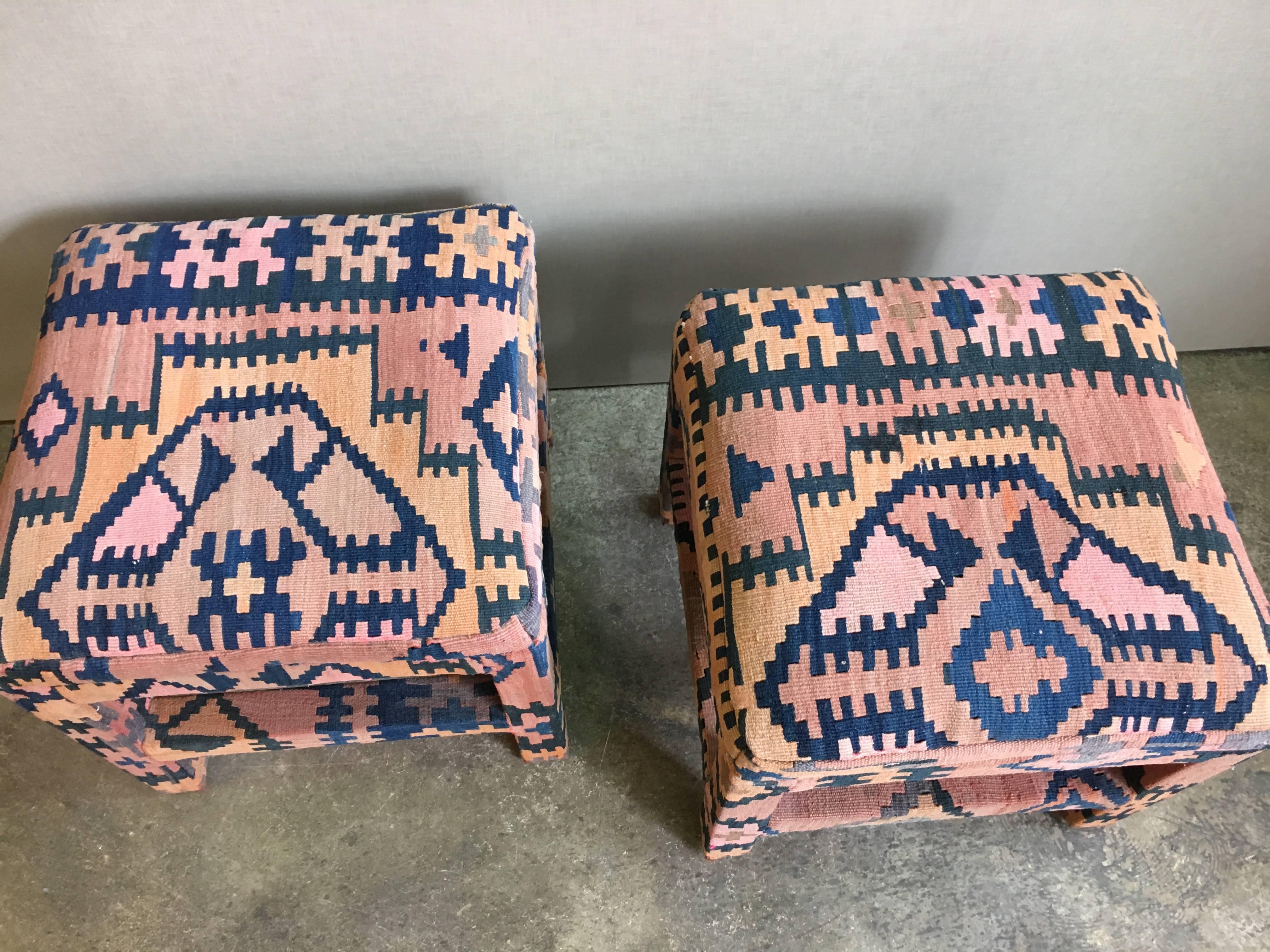 Pair of Karl Mann Kilim Stools In Good Condition In Chicago, IL