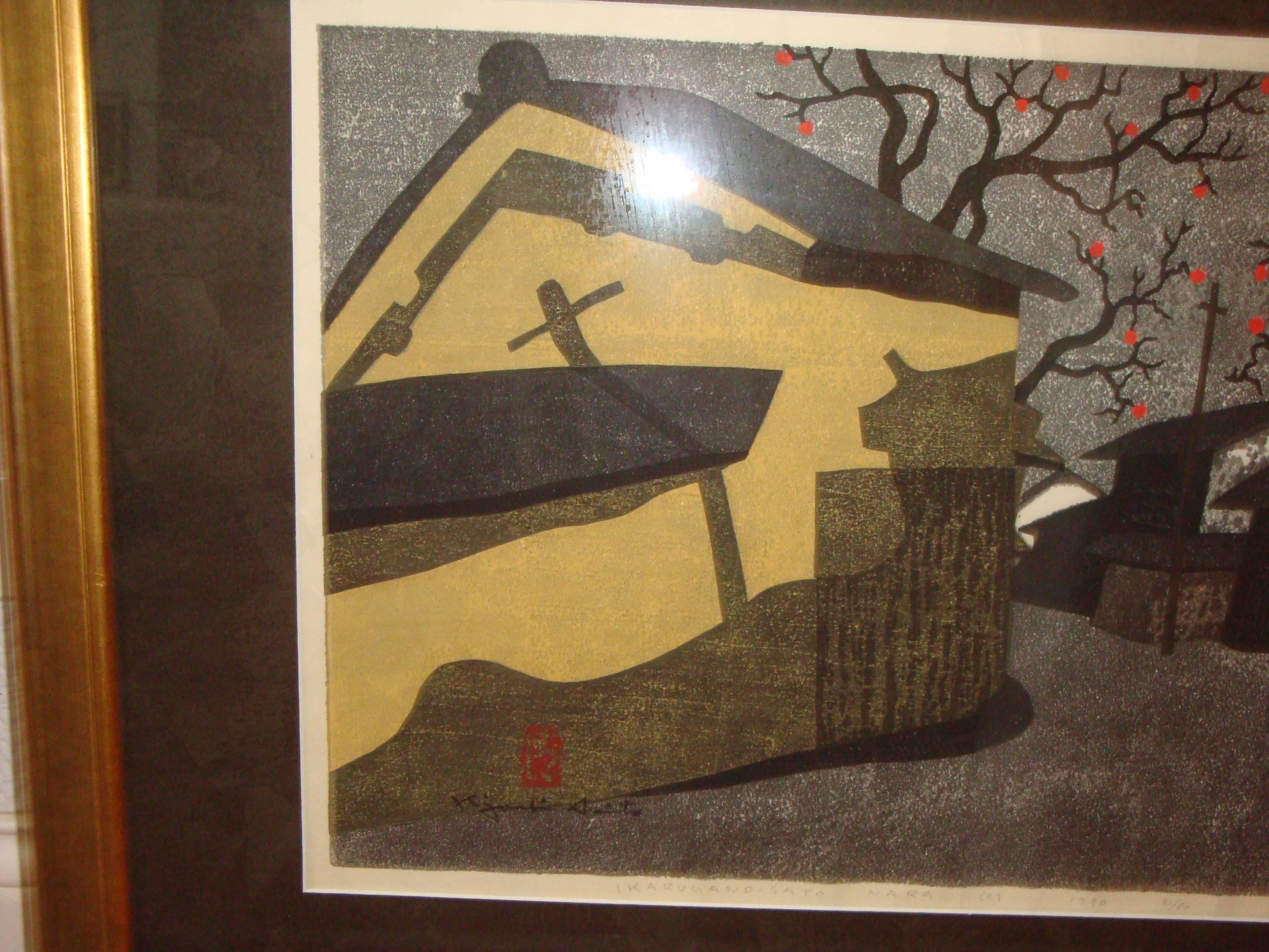 This is a 1970s Japanese wood block print by Kiyoshi Saito titled,
Ikarugano-sato Nara (C) 1970 41/80.