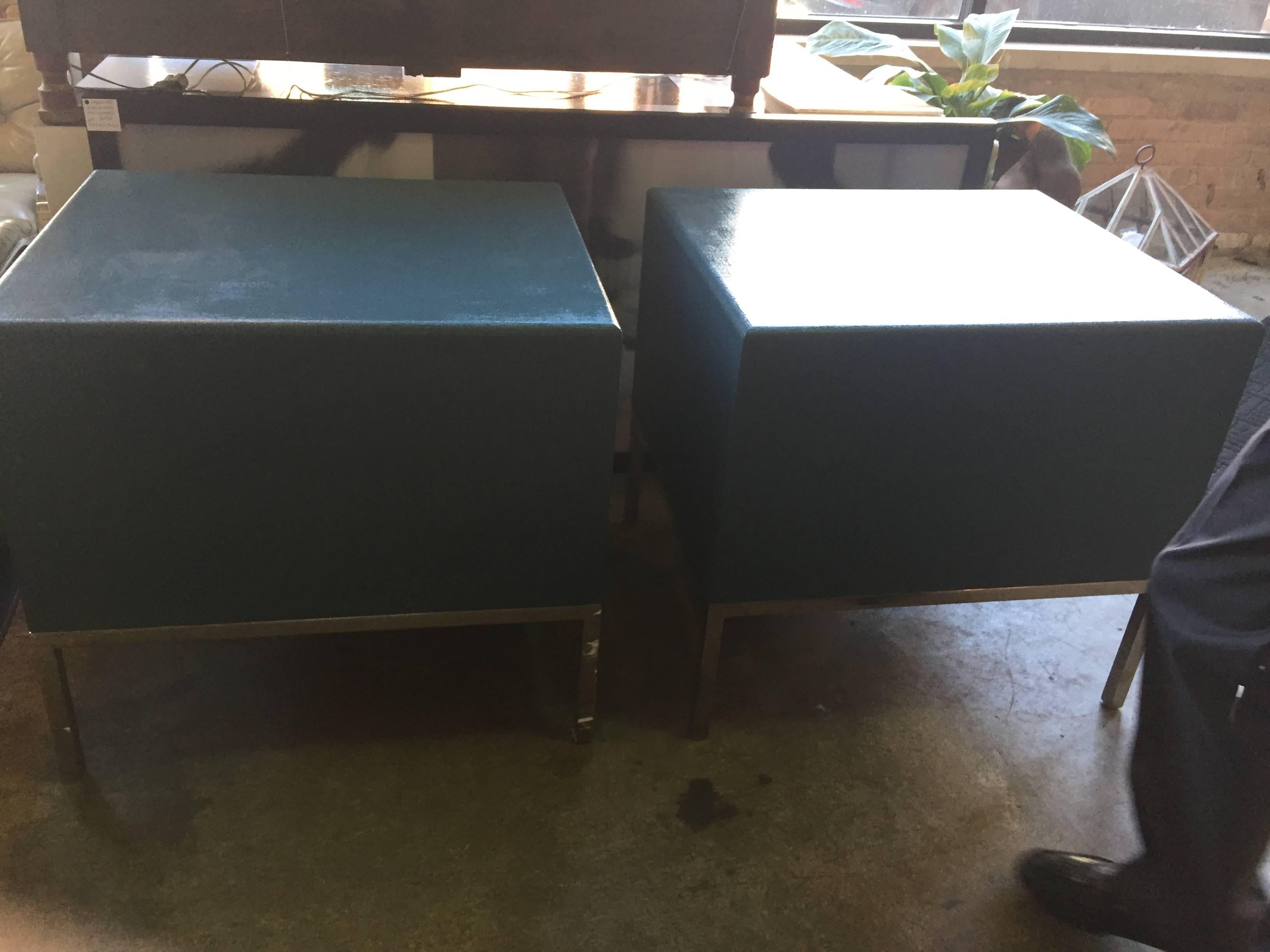 Mid-Century Modern Pair of Grasscloth Night Chests by Ron Seff