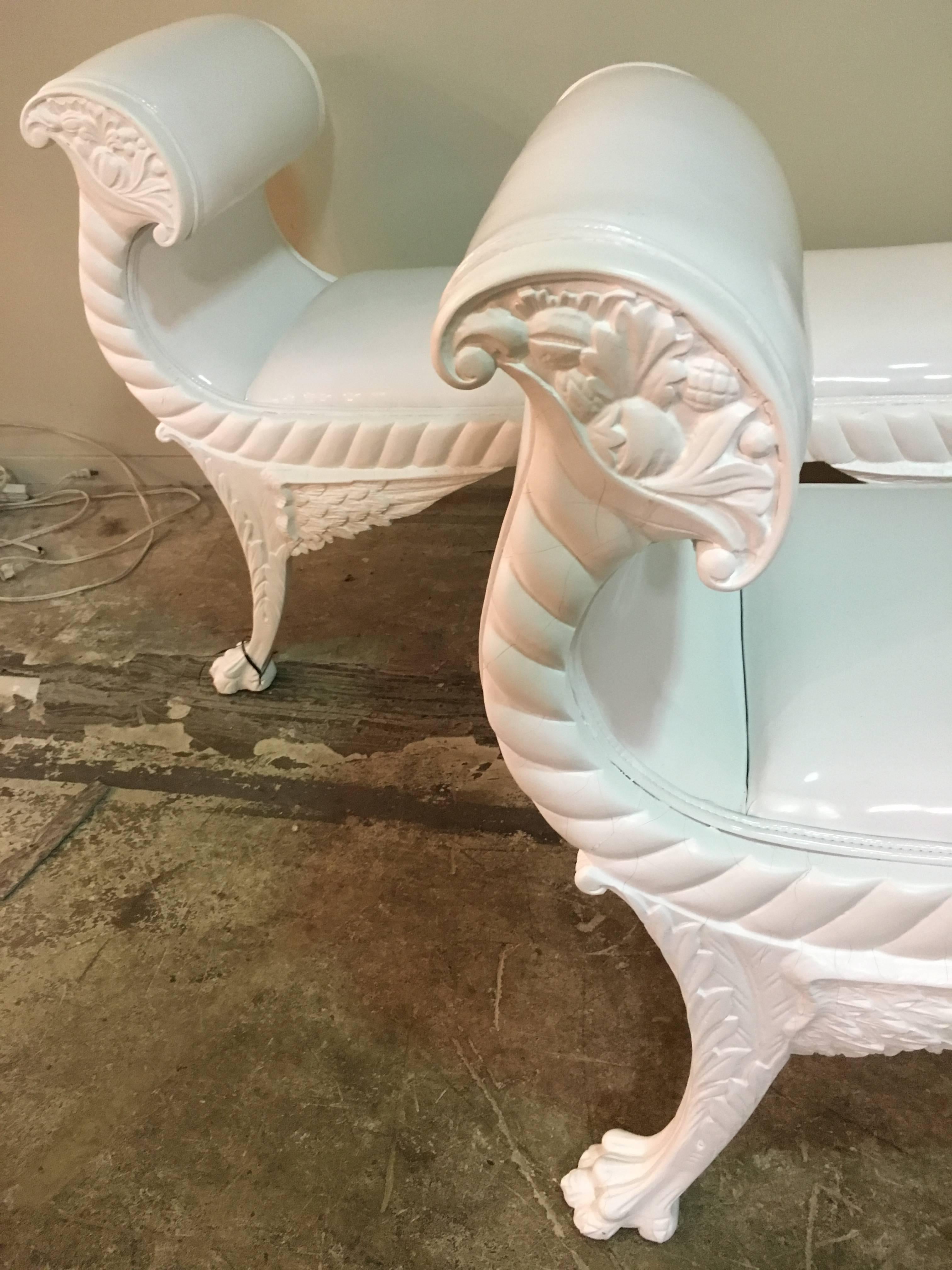 American Pair of Claw Feet White Patent Leather Look Benches