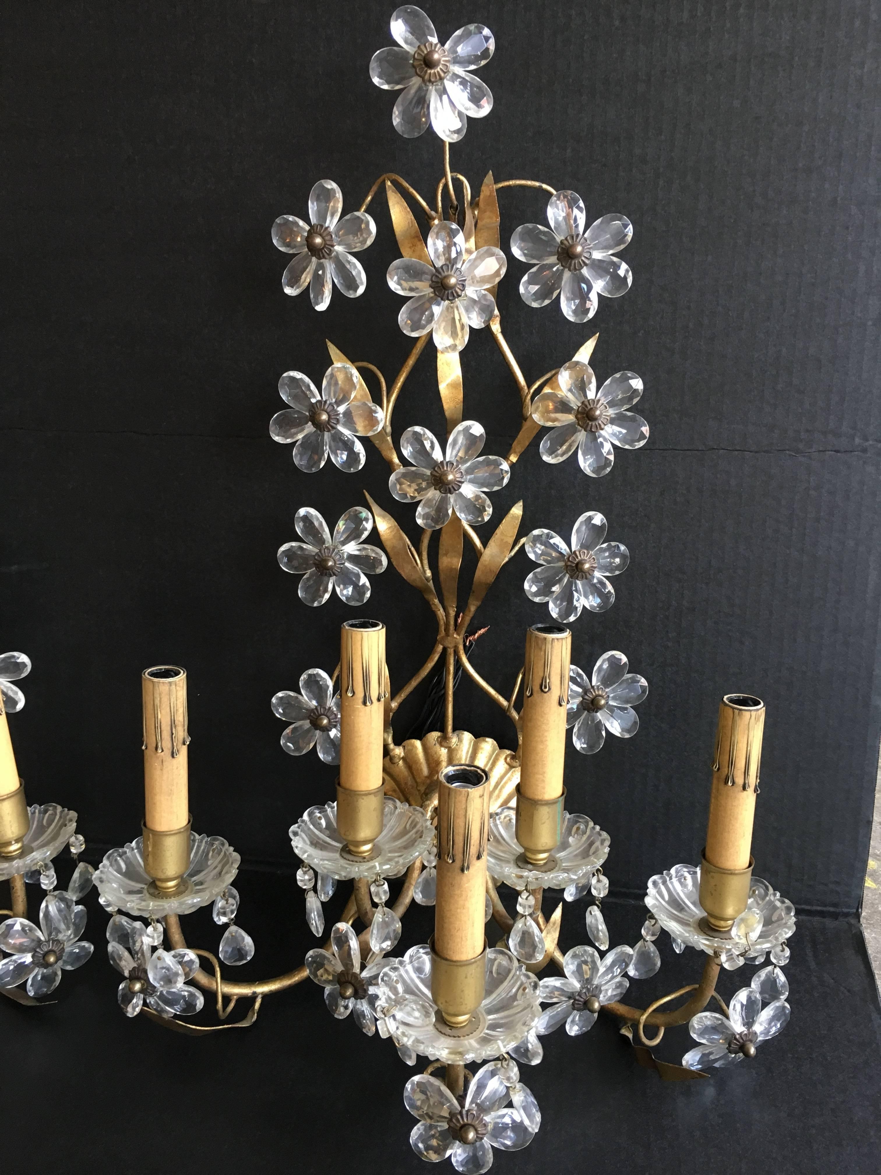 A pair of five-arm Italian floral crystal wall sconces.