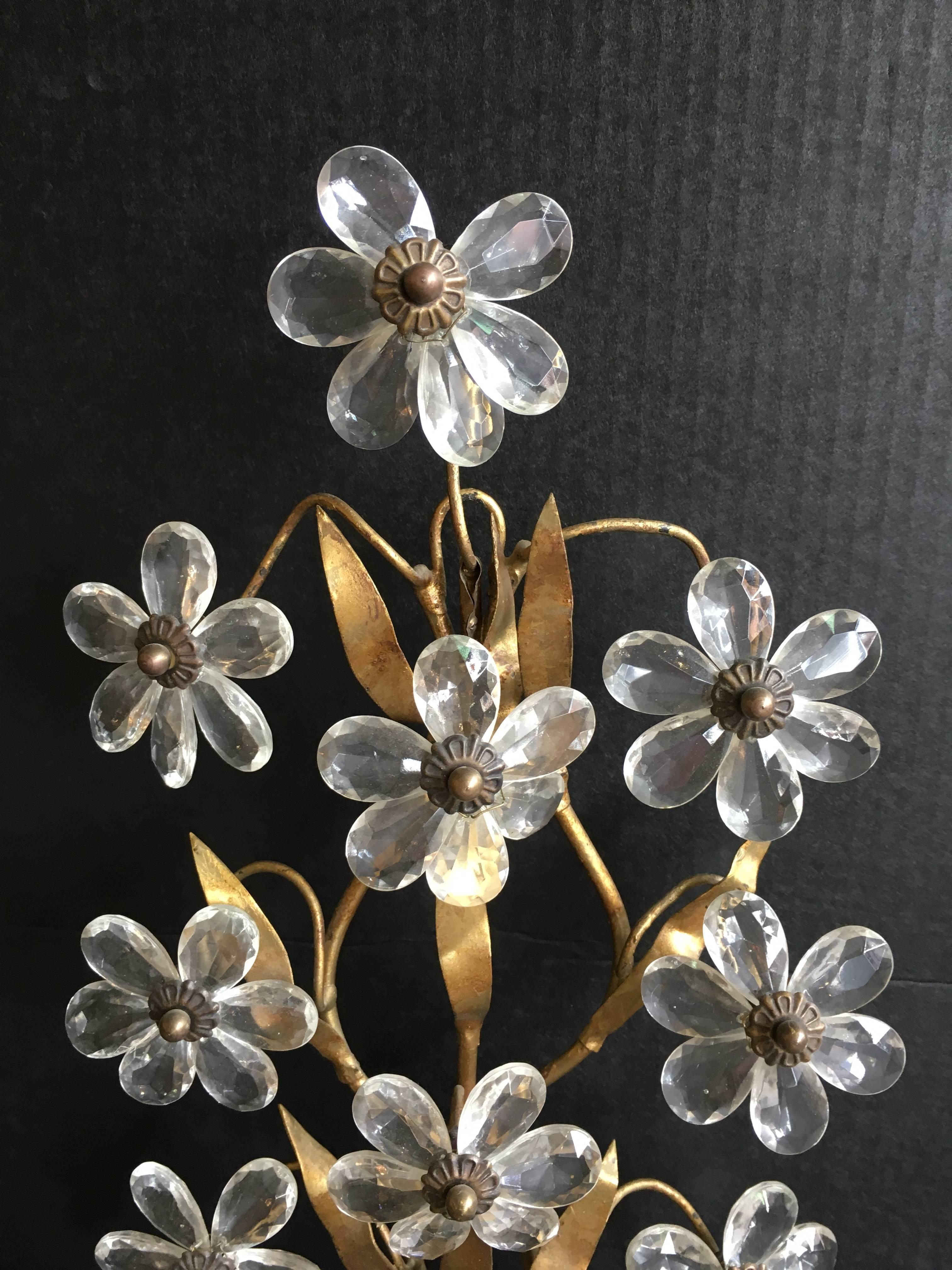 Pair of Five-Arm Italian Floral Crystal Wall Sconces In Excellent Condition In Chicago, IL