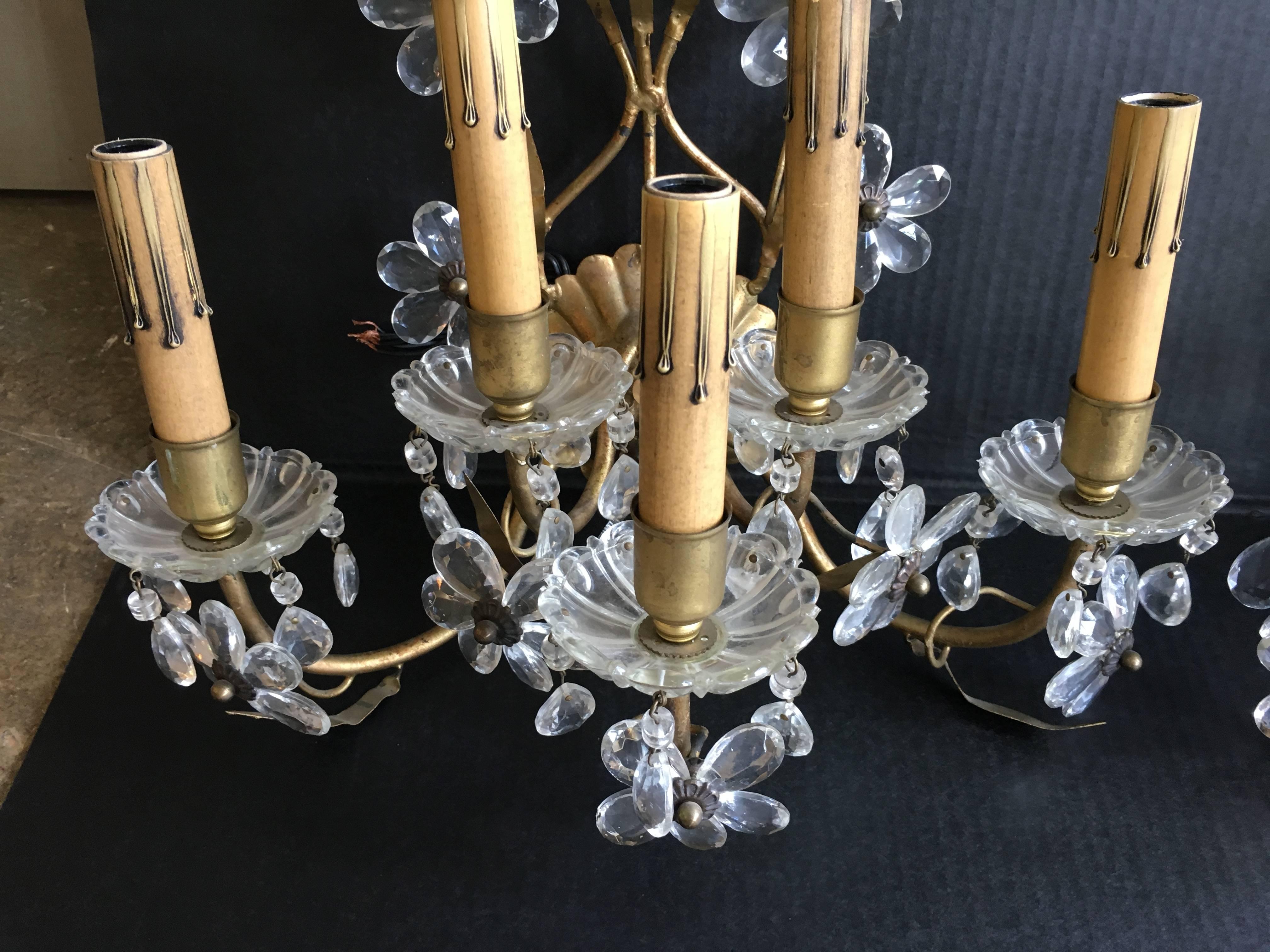 Mid-20th Century Pair of Five-Arm Italian Floral Crystal Wall Sconces