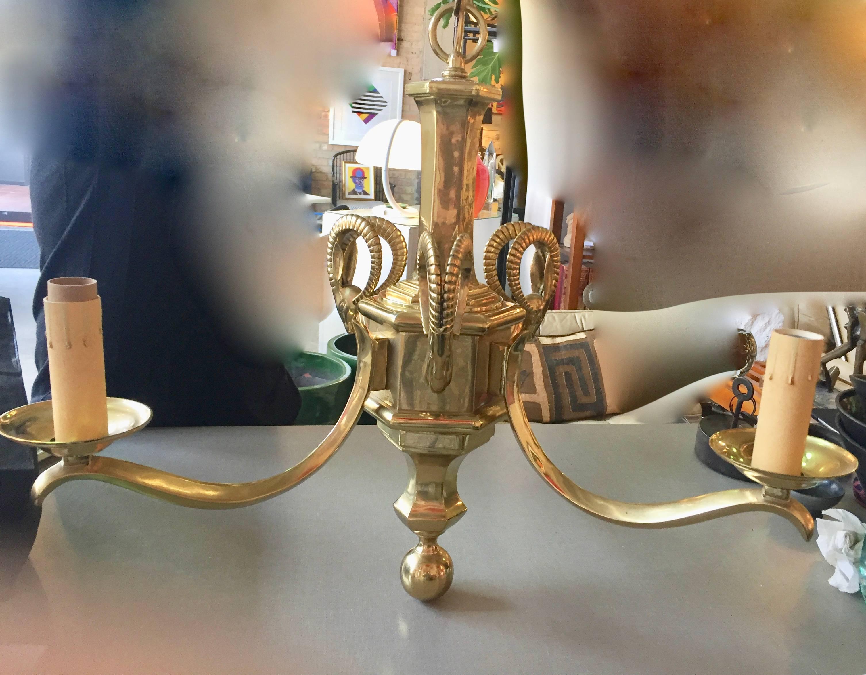 1970s brass Gazelle head and horn four-light chandelier by Chapman Co.