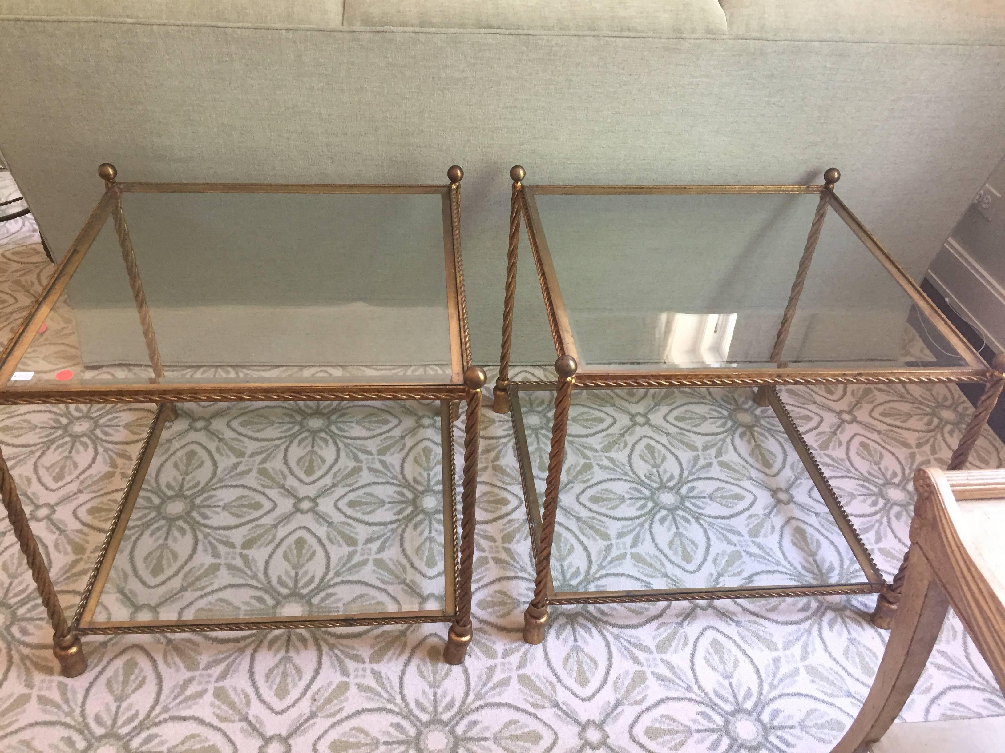 Pair of Brass and Glass Two-Tiered End Tables Attributed to Maison Jansen In Excellent Condition In Chicago, IL