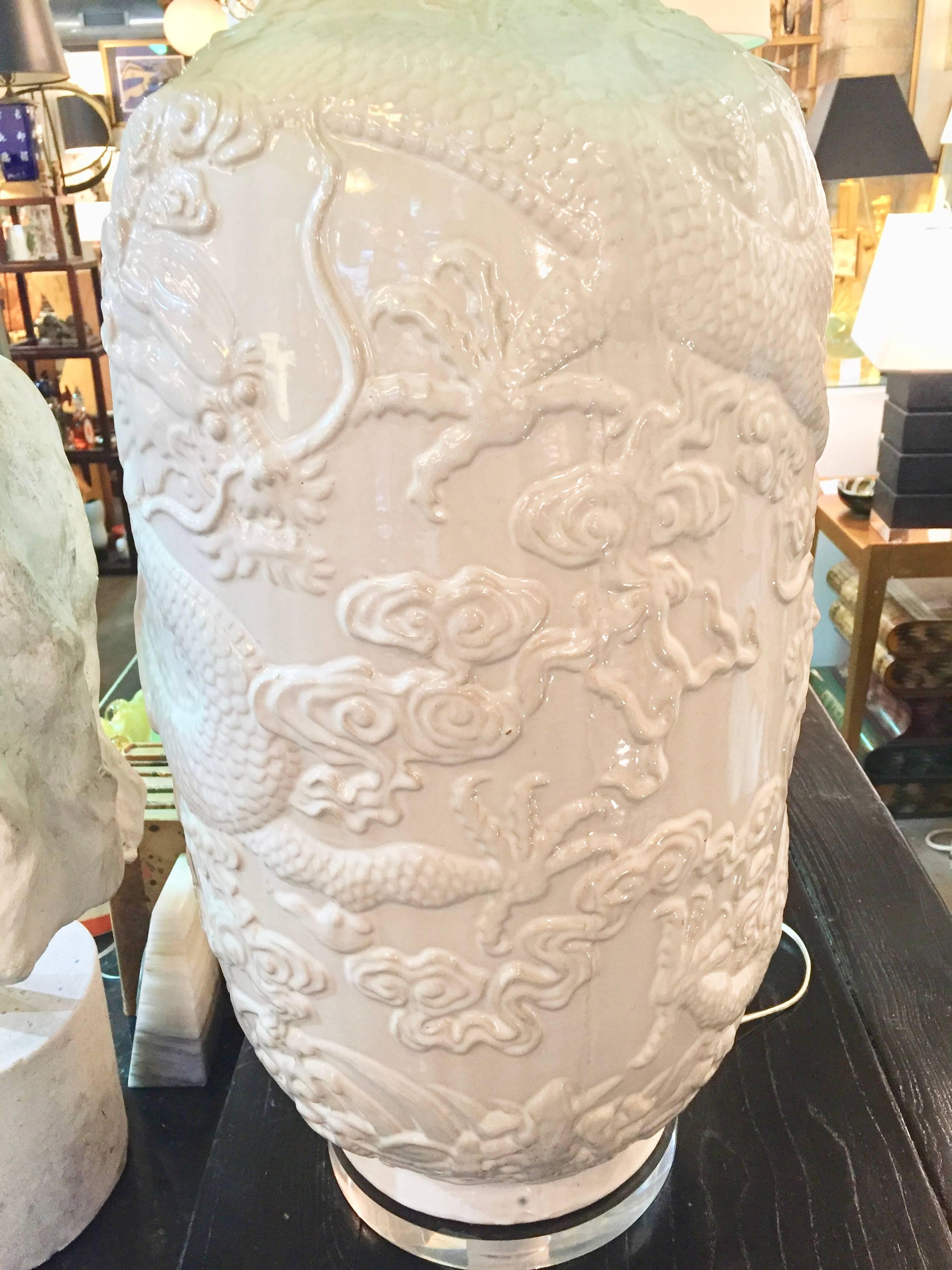 Chinese Pair of Asian White Ceramic Lamps
