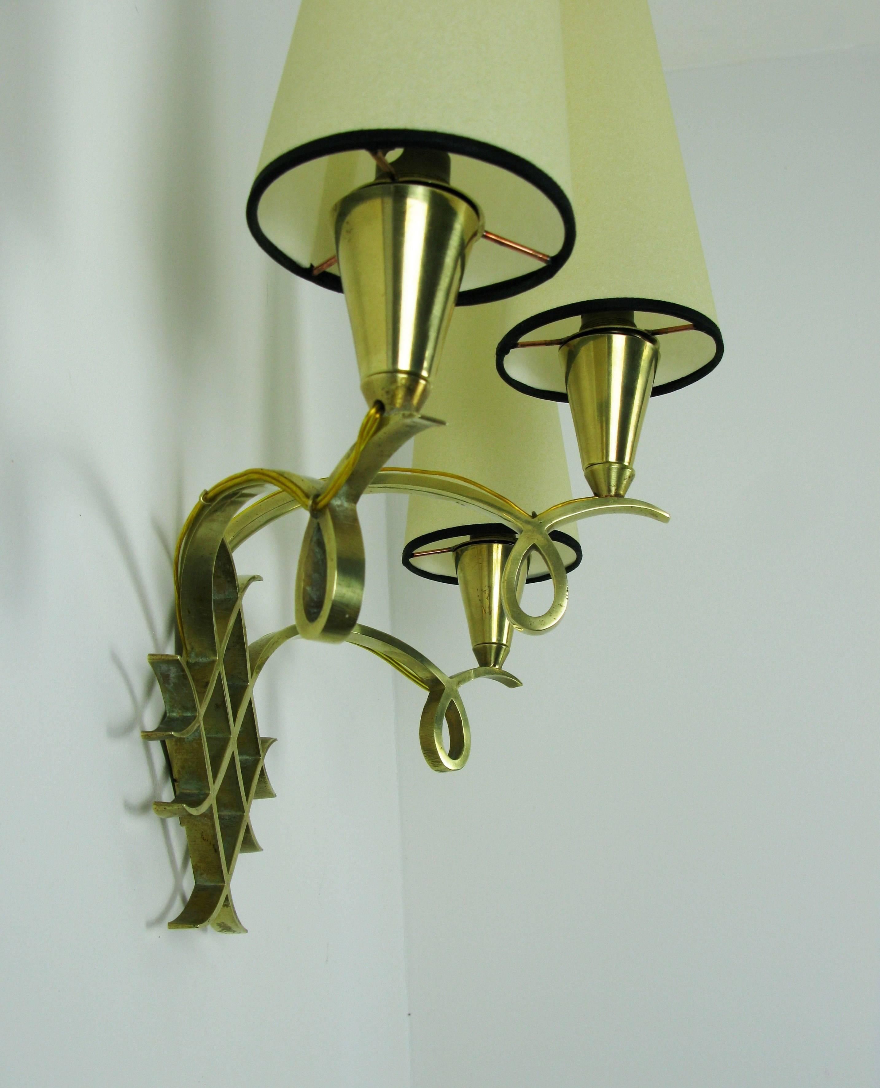 Mid-20th Century Pair of Three Branches Sconces Attributed to Jules Leleu