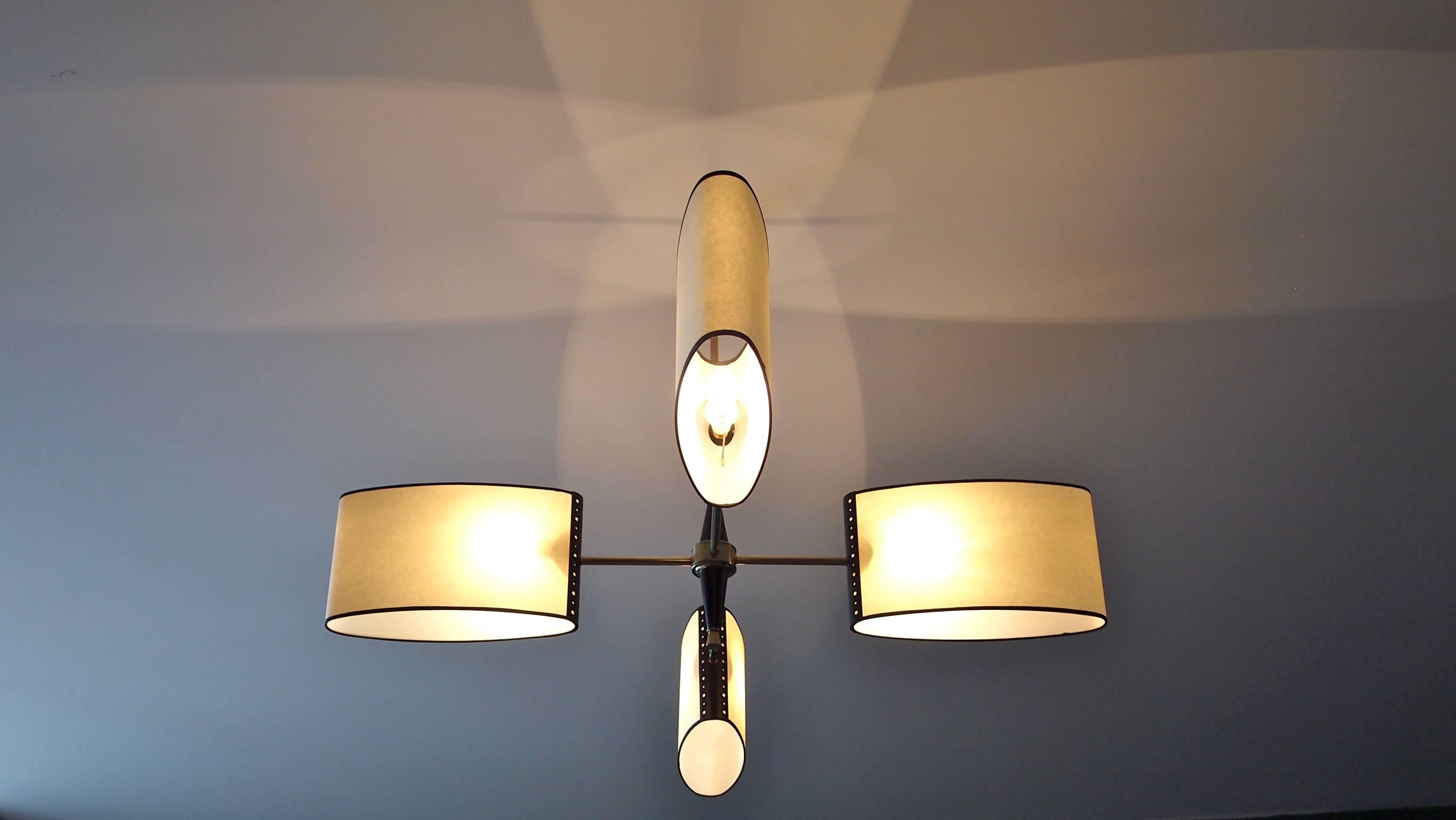 Mid-Century Modern 1950s Chandelier with Shifted Lighted Arms by Maison Lunel