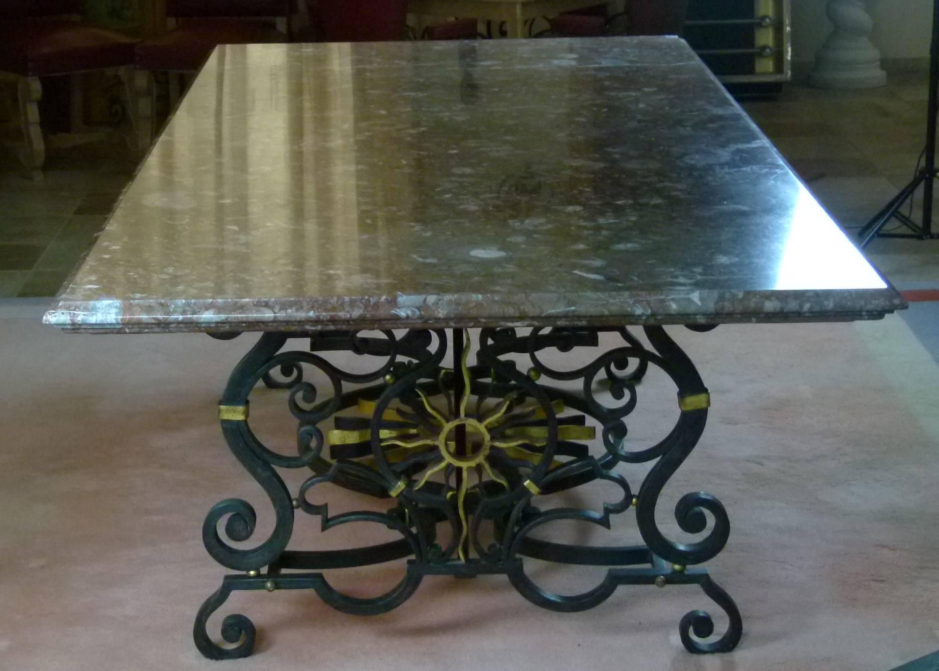 Art Deco 1940s Table in Marble and Wrought Iron with Sun Pattern by Gilbert Poillerat