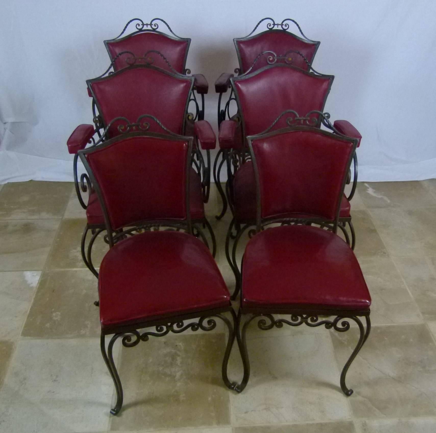 Art Deco Series of Four Armchairs and Two Wrought Iron Chairs by JC Moreaux