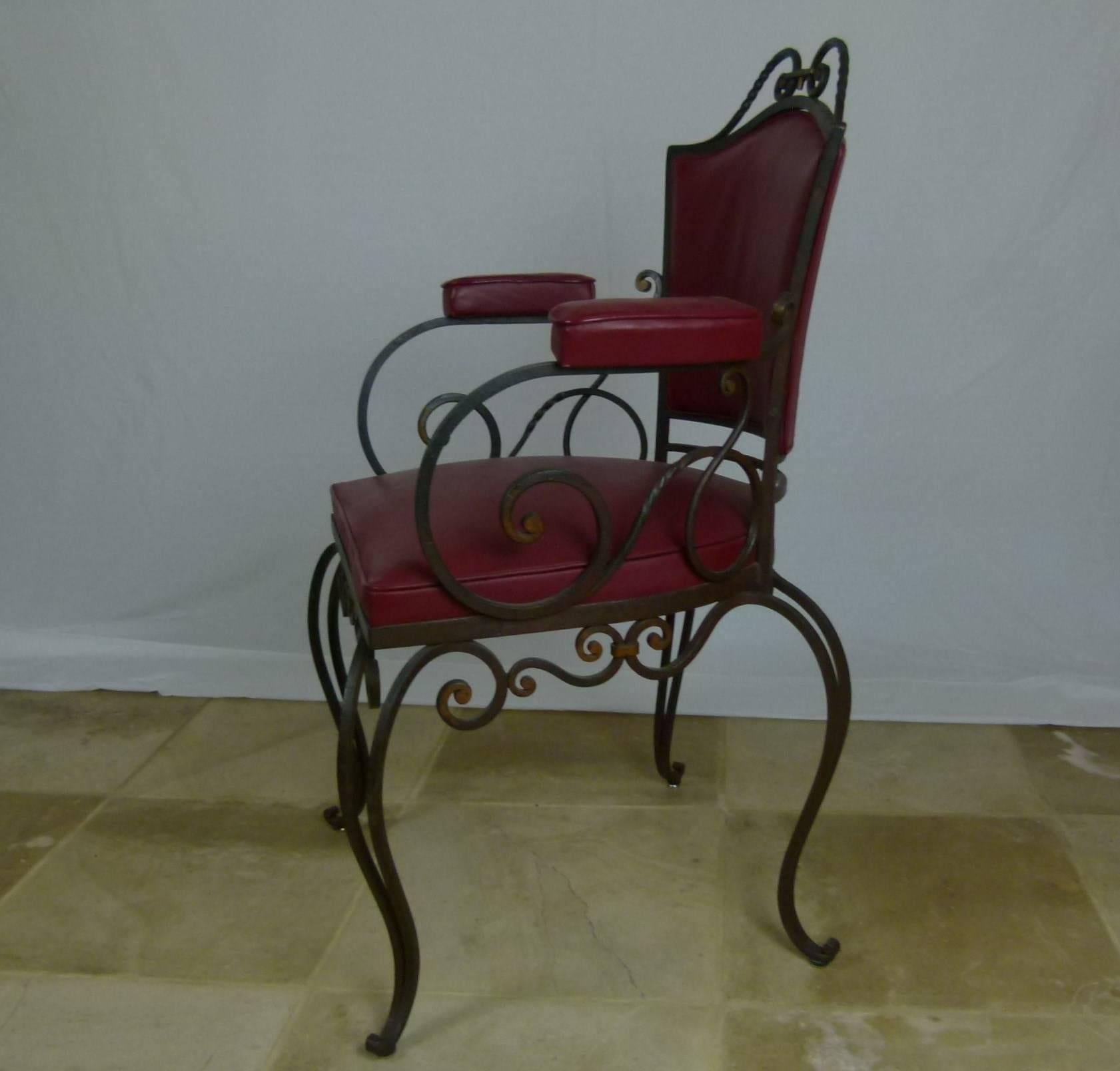 French Series of Four Armchairs and Two Wrought Iron Chairs by JC Moreaux