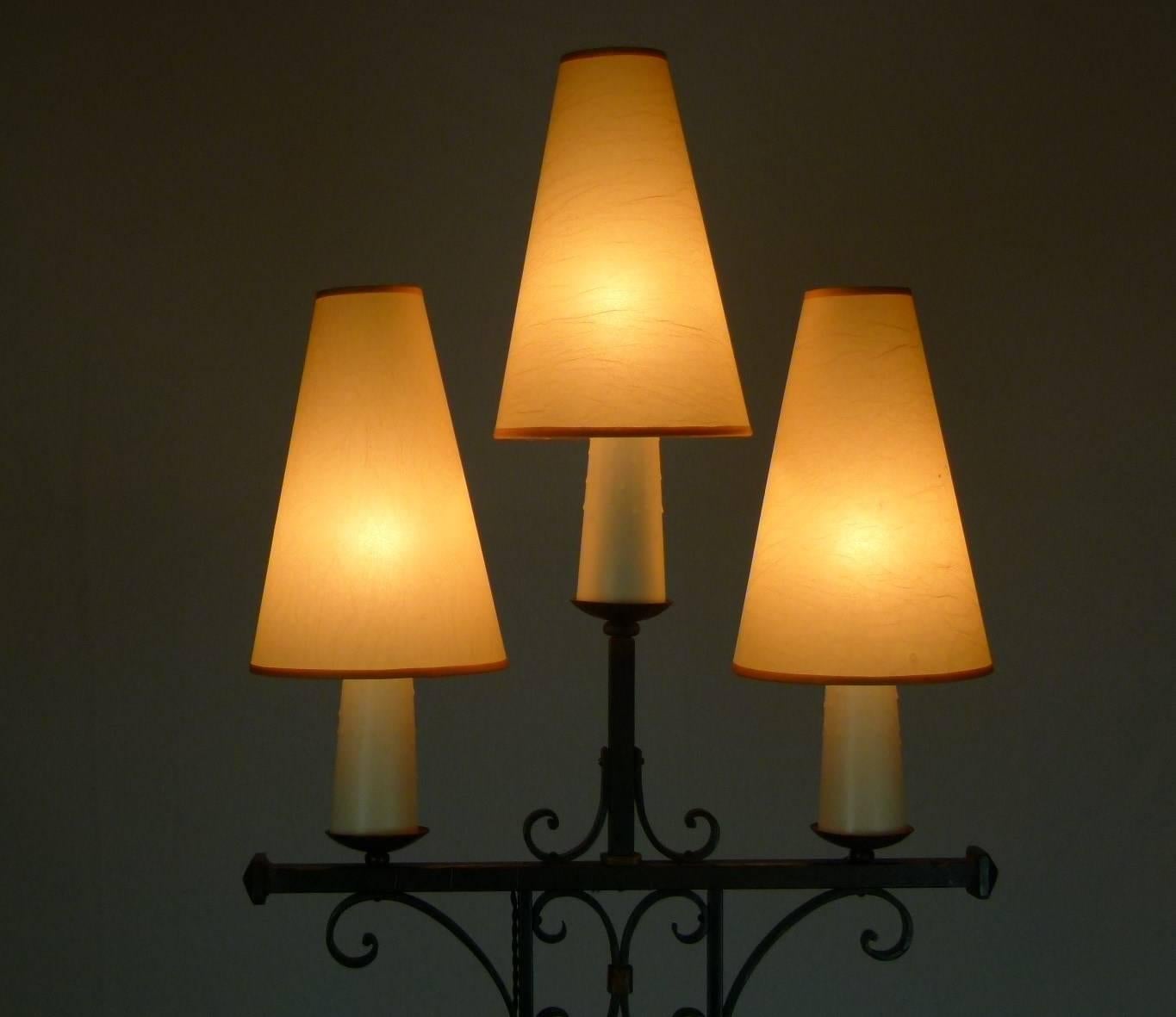 French 1940s Three Lights Wrought Iron Floor Lamp