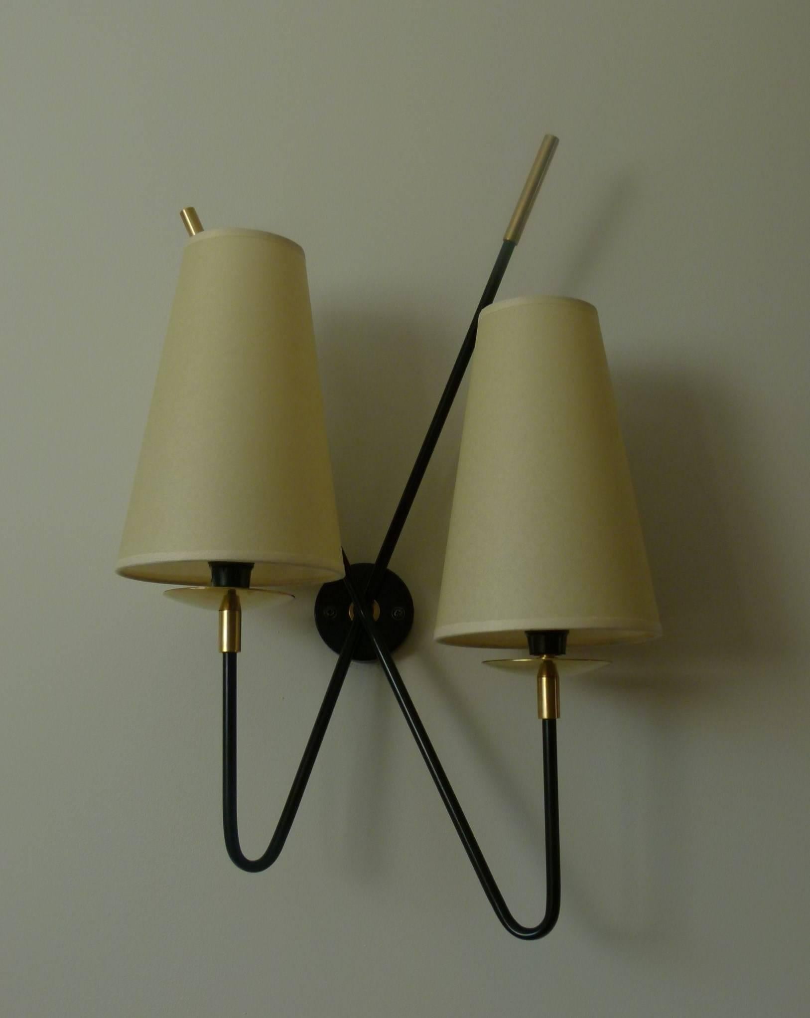 French Pair of 1950s Double Sconces by Maison Lunel