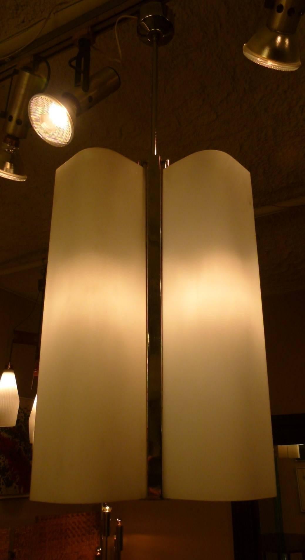 Mid-Century Modern Pair of Italian, 1970s Metal and Glass Chandeliers