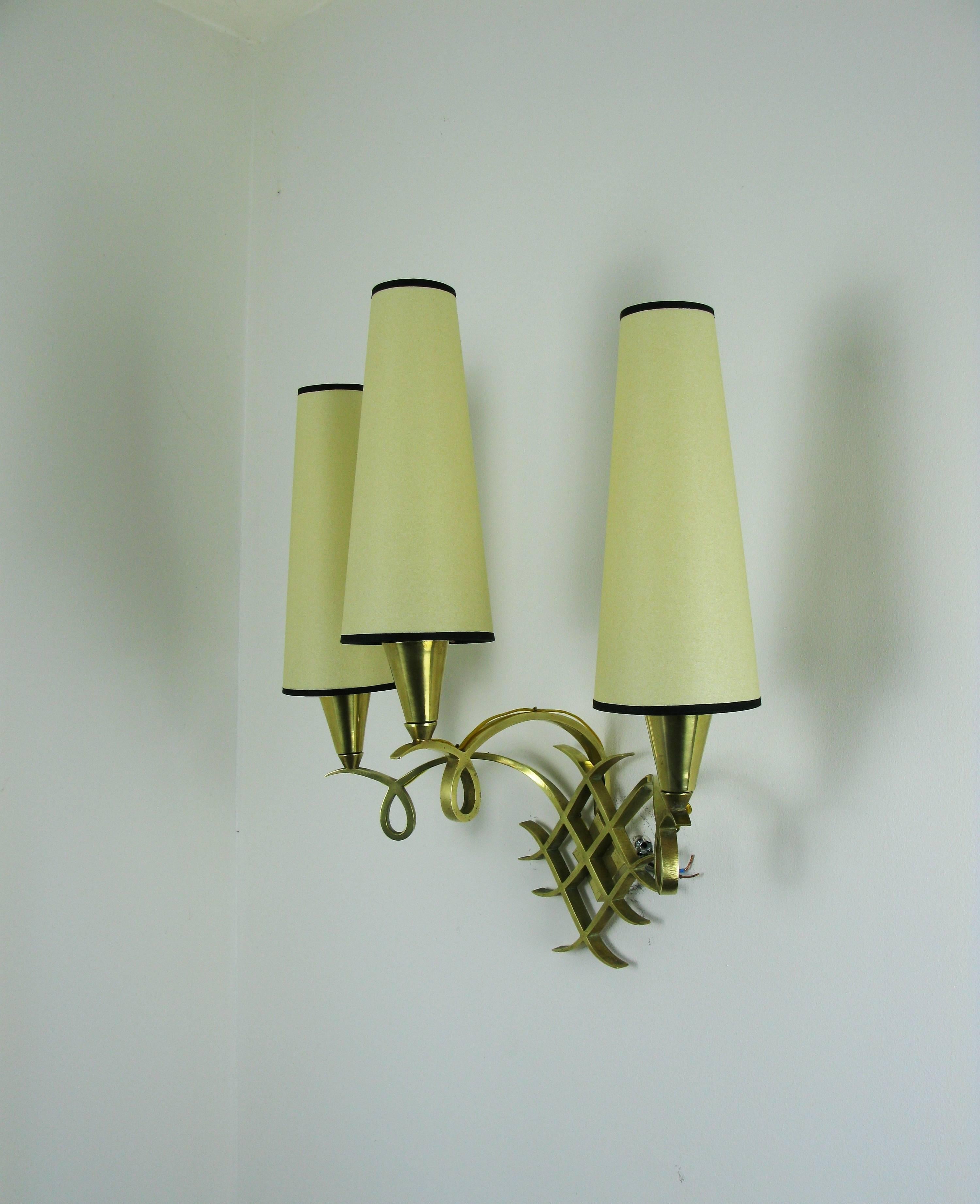 Art Deco Pair of Three Branches Sconces Attributed to Jules Leleu