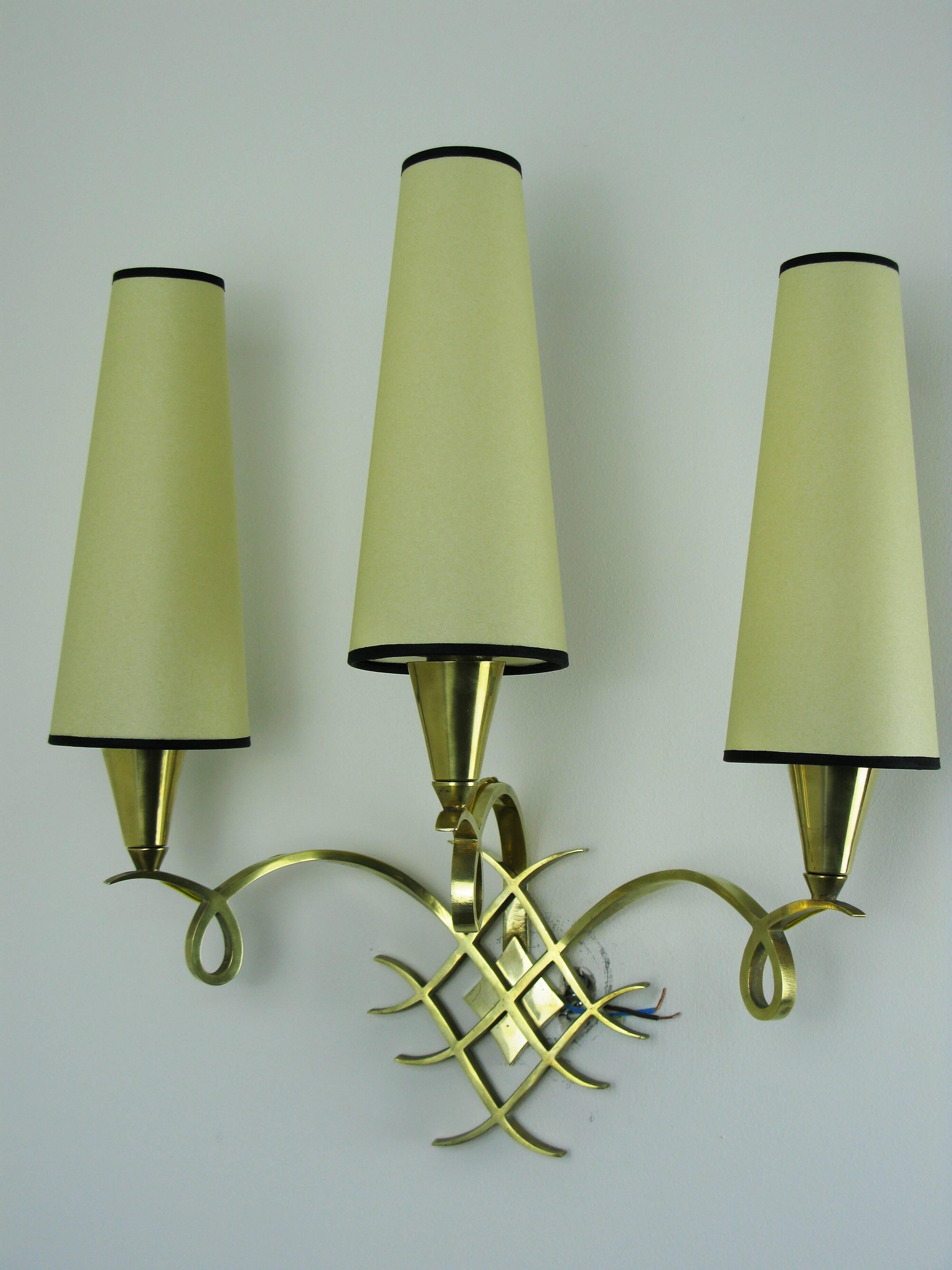 Pair of Three Branches Sconces Attributed to Jules Leleu In Excellent Condition In Saint-Ouen, FR
