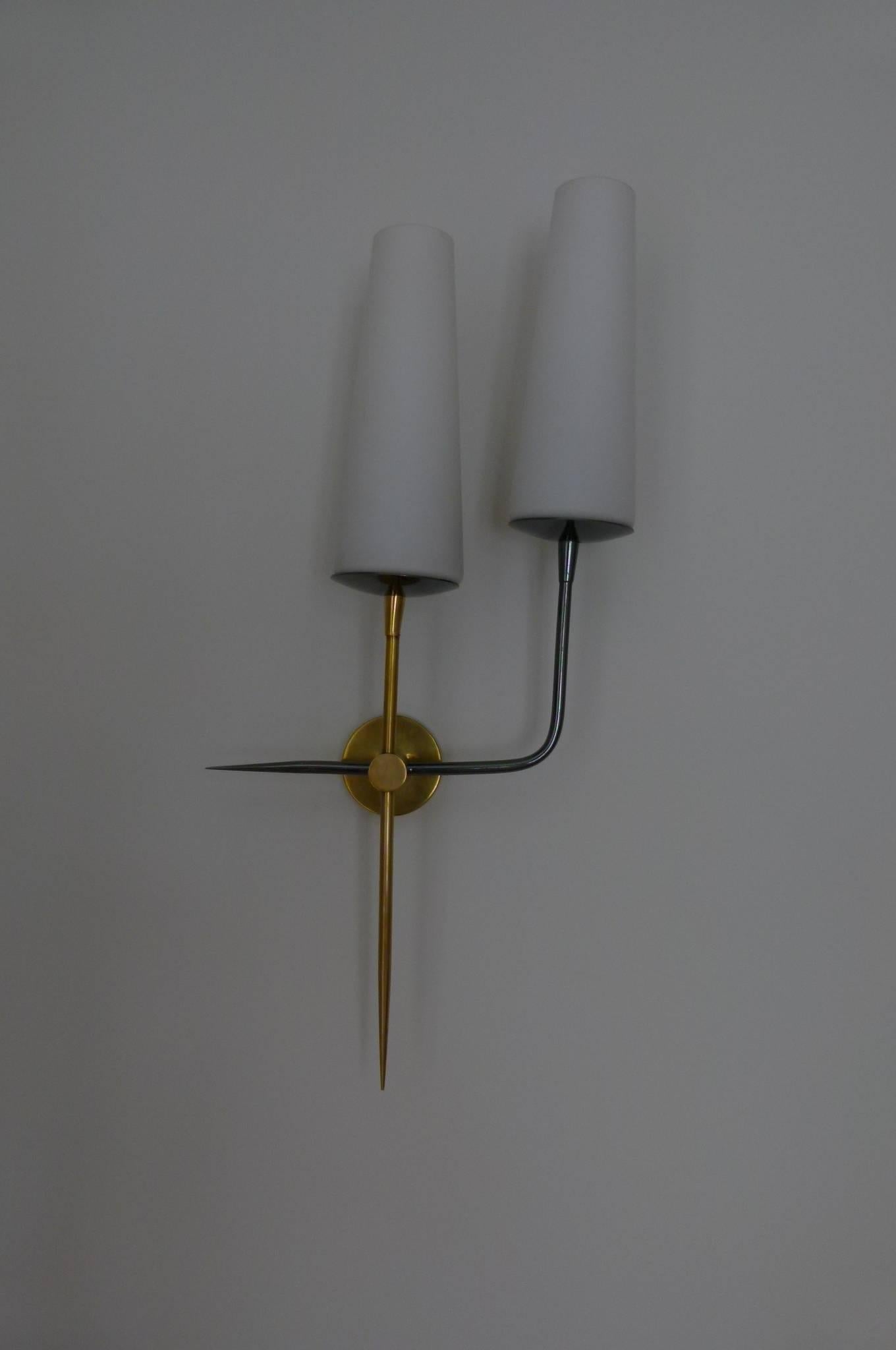 French Pair of 1950s Double Sconces by Maison Lunel