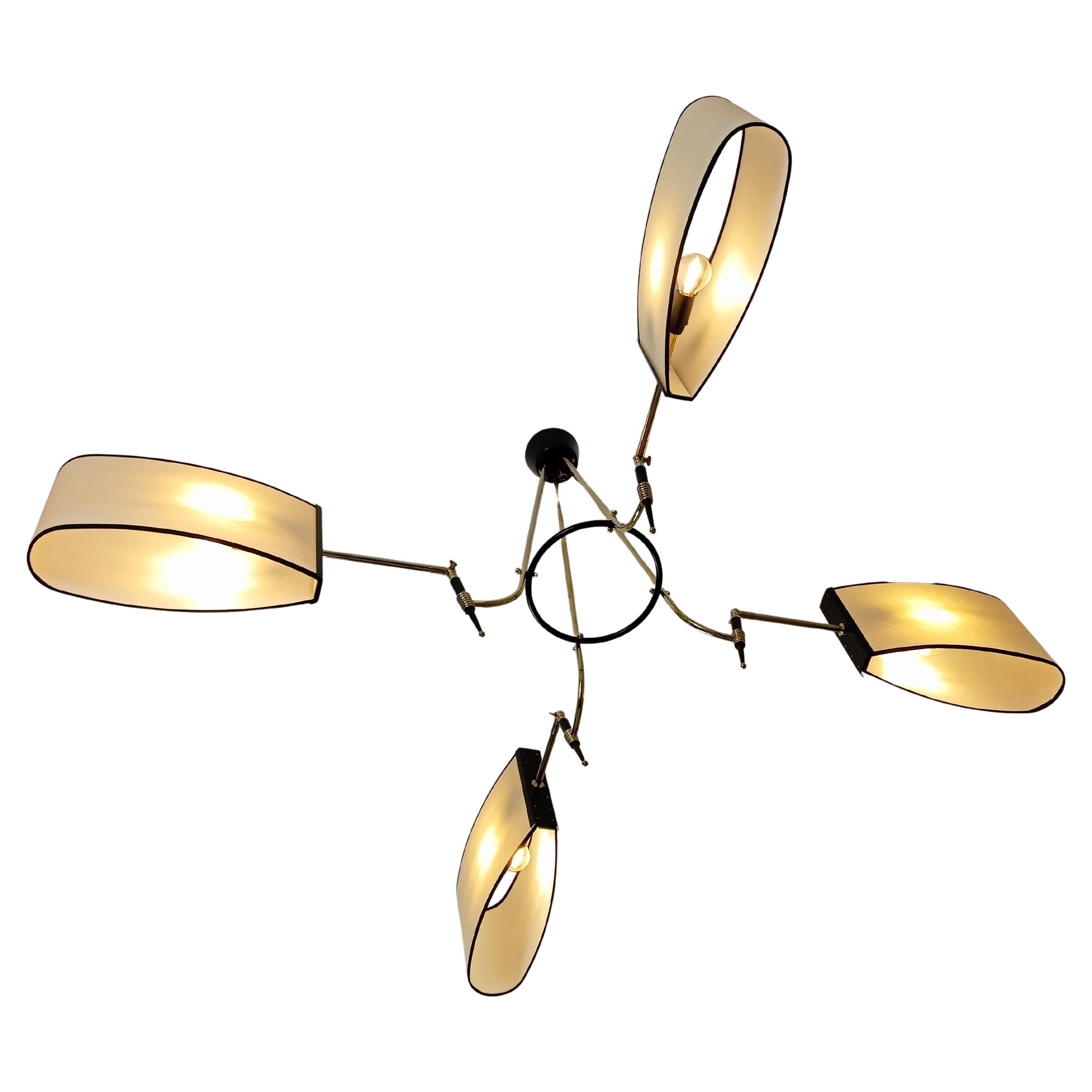 Lampadario in ottone a 4 bracci, Maison Lunel circa 1950