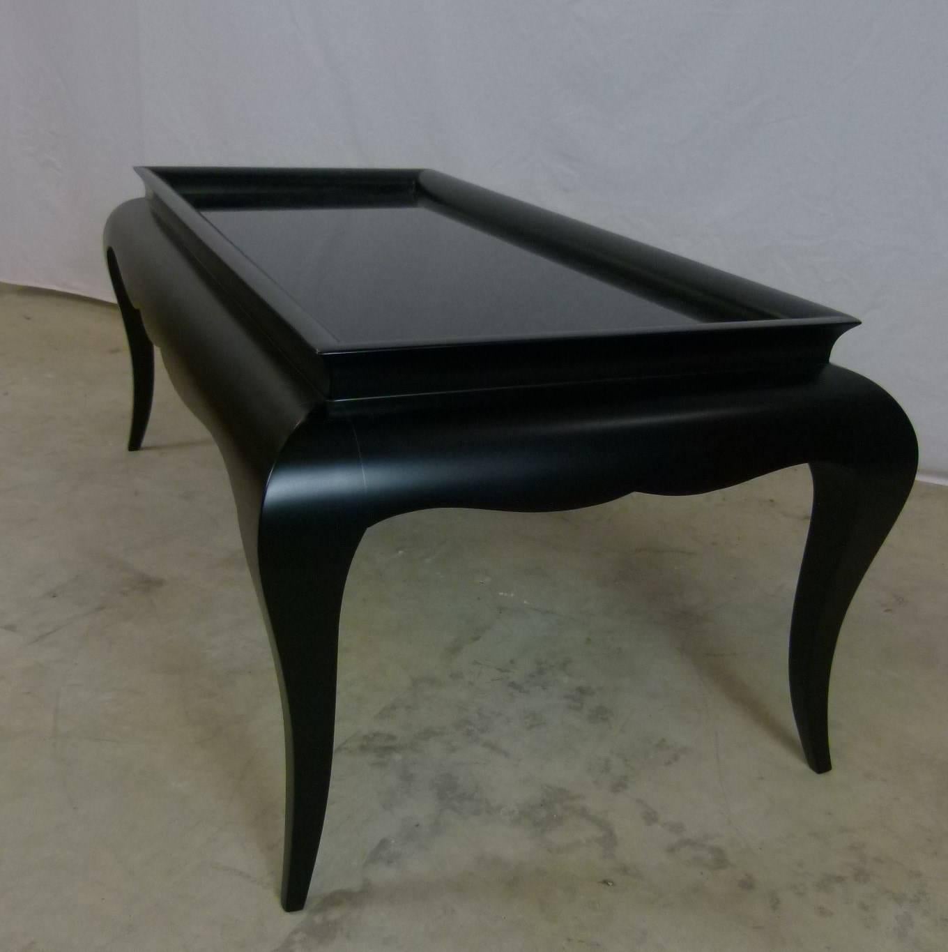 Mid-Century Modern Satin Black Lacquered Coffee Table with Curved Legs circa 1945 by R. Prou