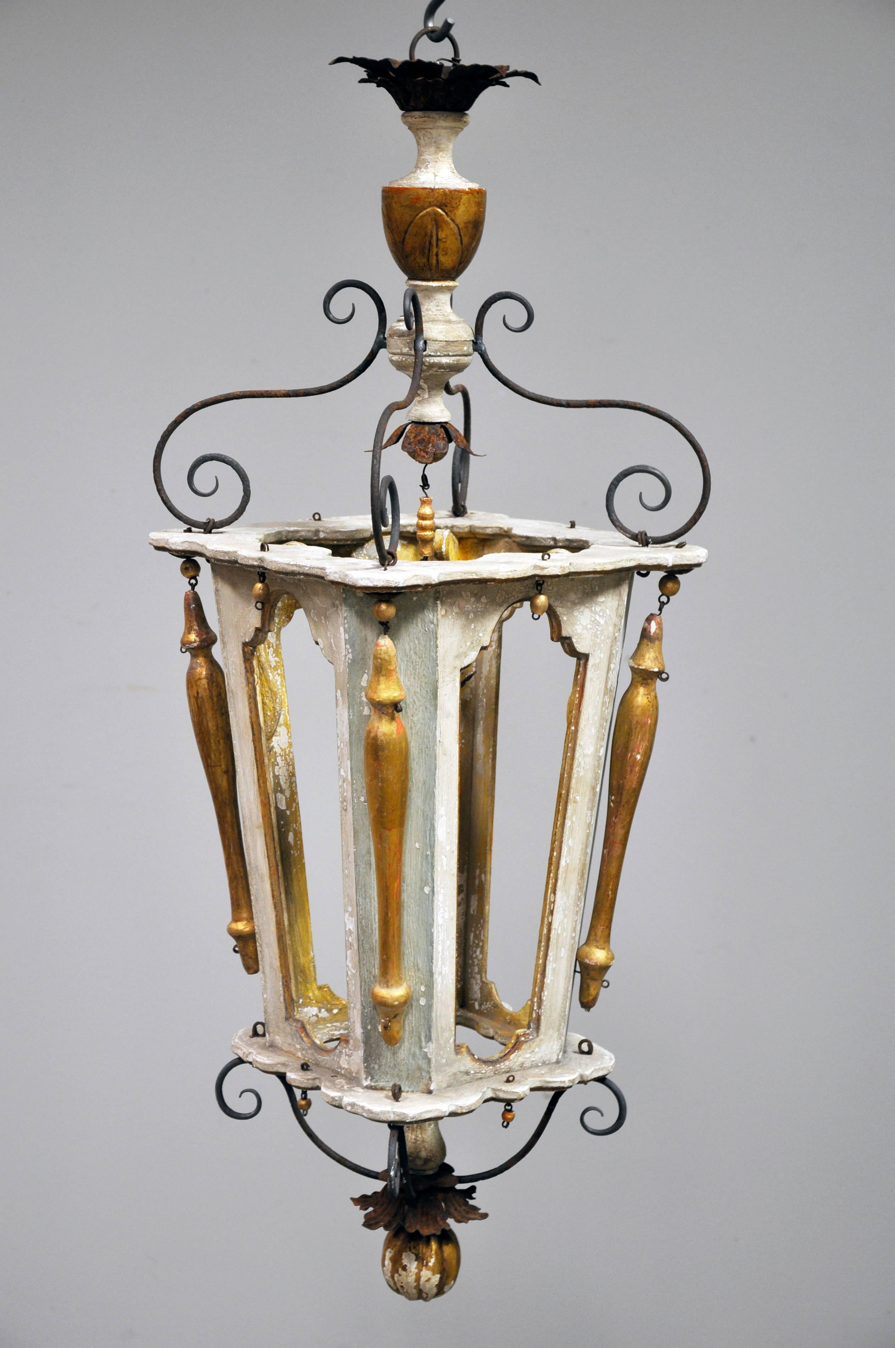 Gilt Custom French Lantern with Polychromed Wood and Old Elements