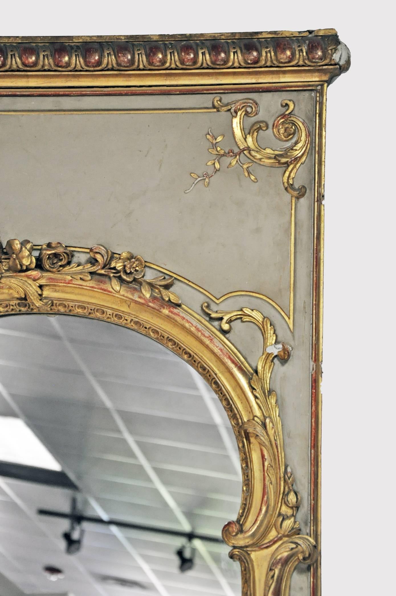 Gilt Large 19th C. Louis XV Trumeau Style Mirror with Old Paint