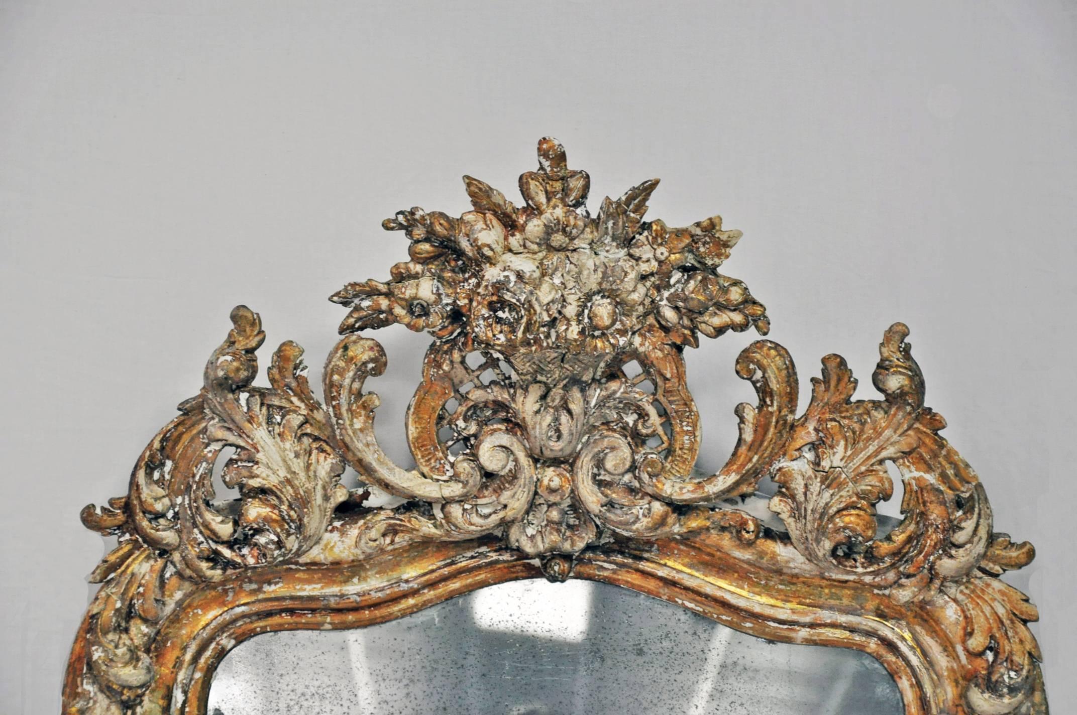 Louis XIV 19th C. Arched Top 'Shabby Chic' Mirror w/ Partially Stripped Gold Gilt Finish