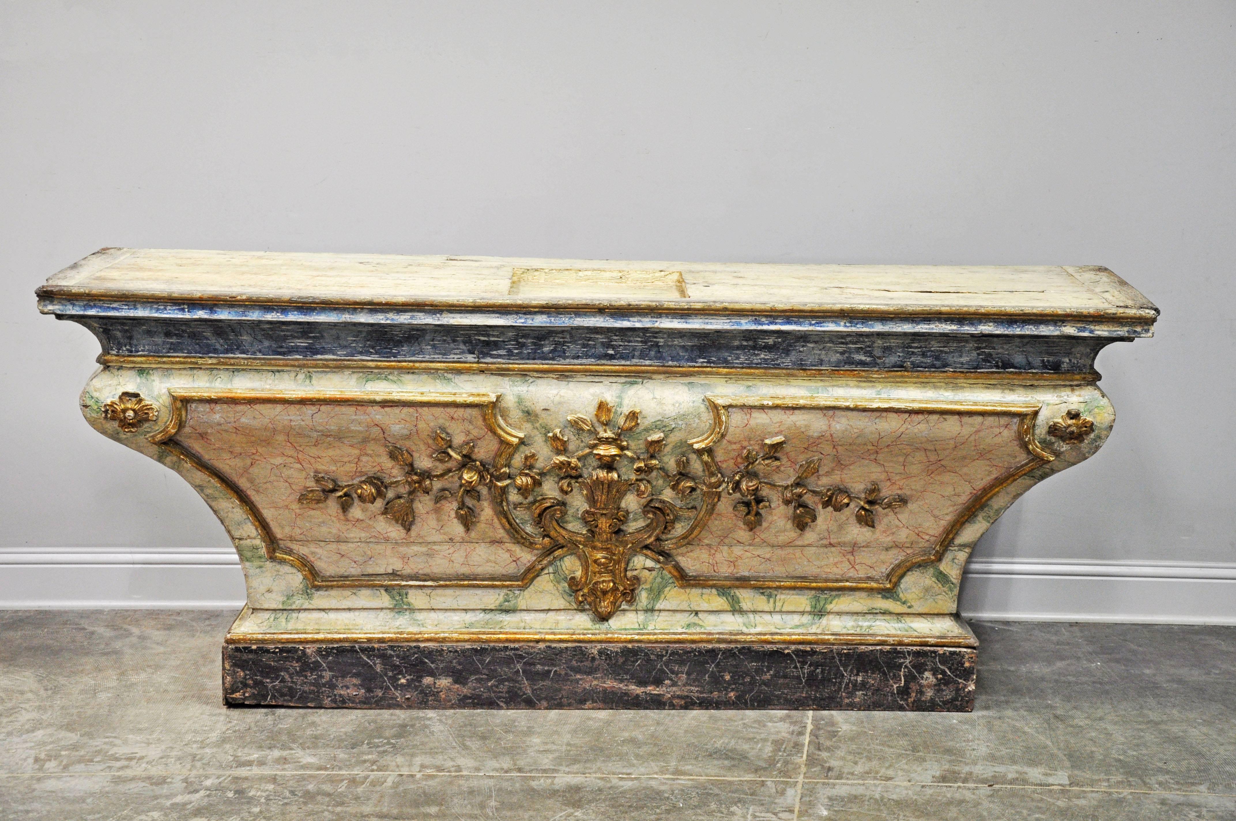 Carved wood with original gilt and polychrome. 

Established in 1979, Joyce Horn Antiques, Ltd. continues its 36 year tradition of being a family owned and operated business specializing in hand procured, fine European antique and reproduction