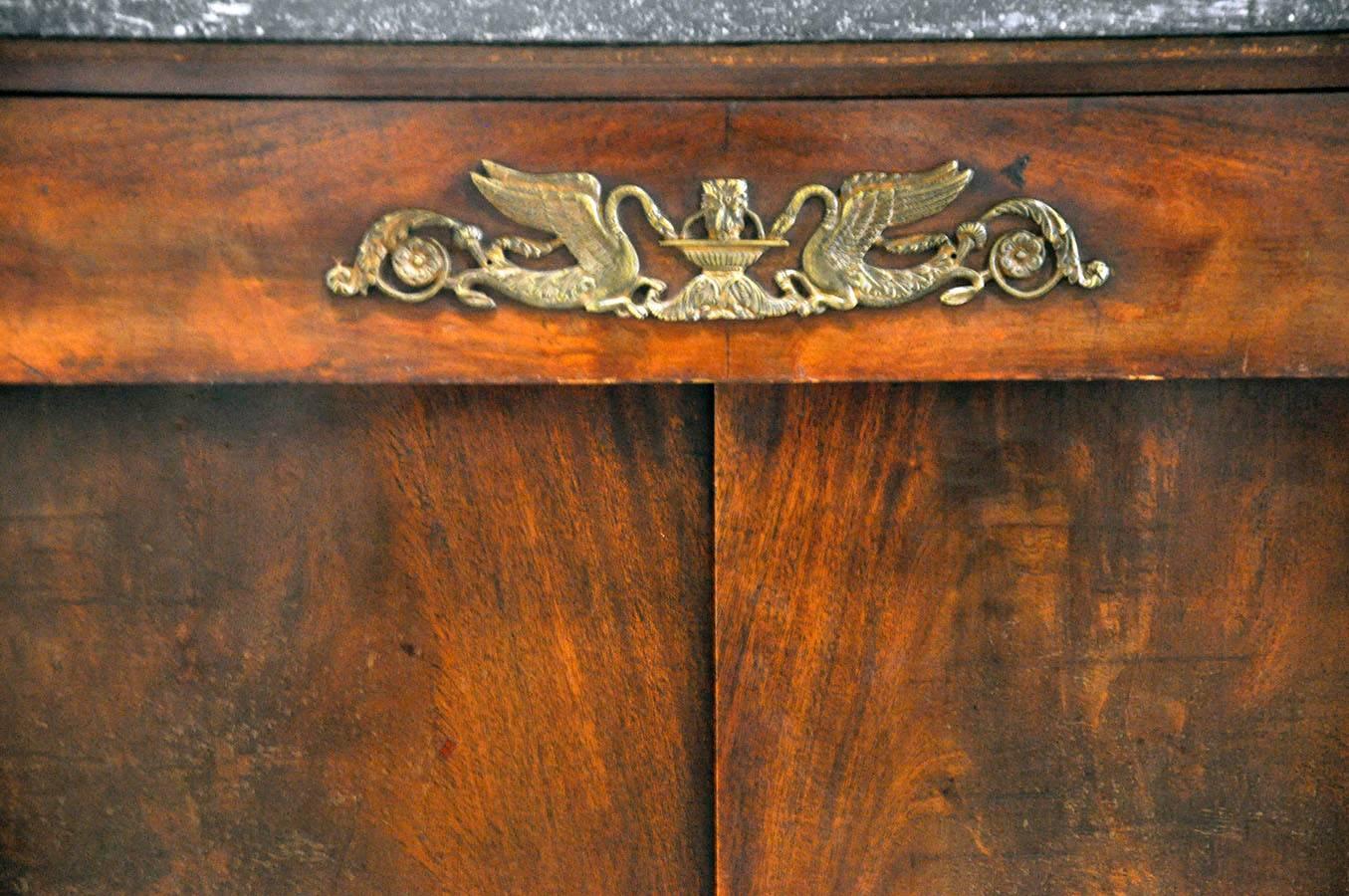 Ormolu 19th Century French Empire Buffet in Flamed Mahogany with Marble Top