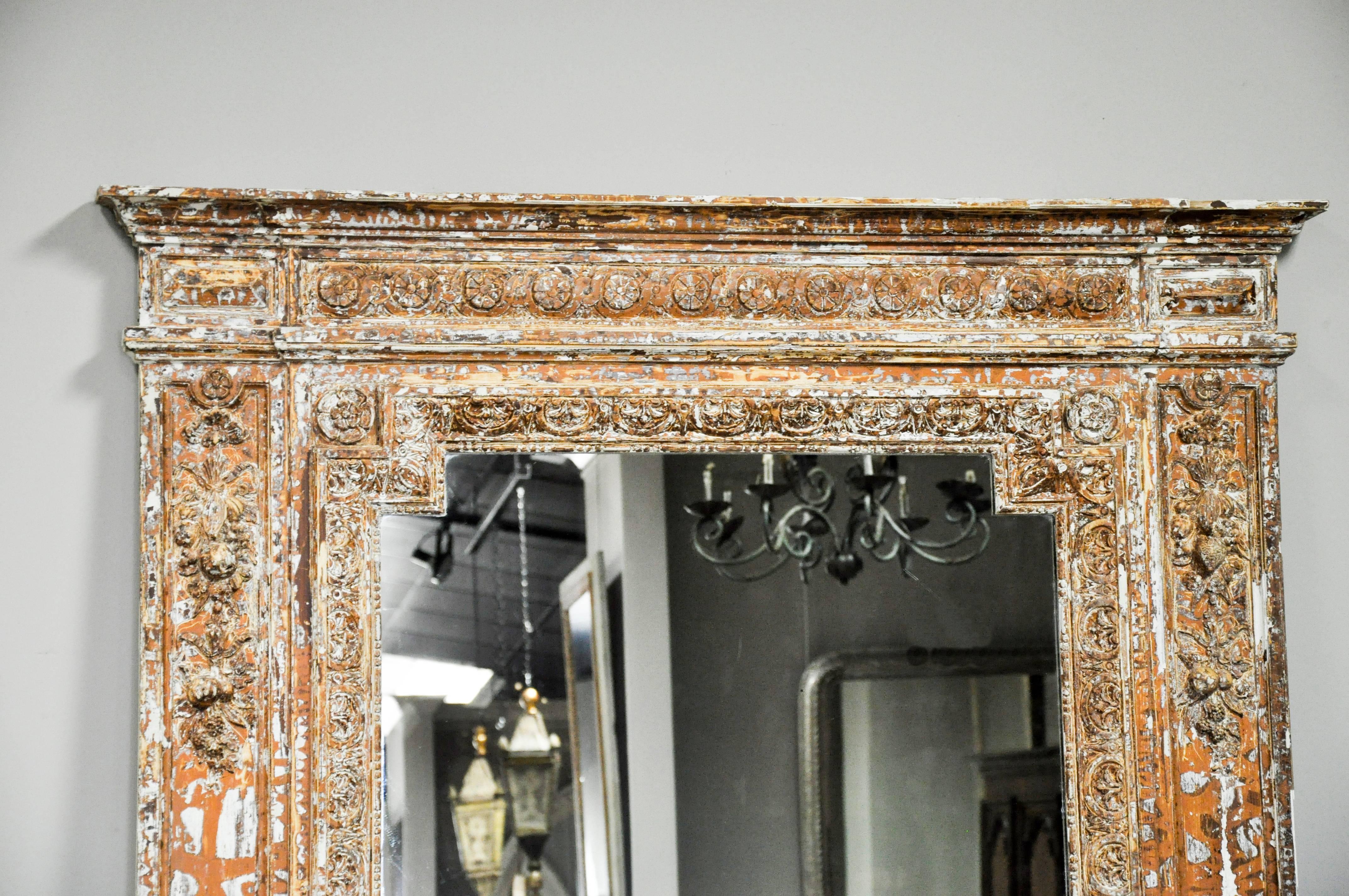 Hand-Carved 19th Century French Carved Wood Mirror with Stripped Paint Finish