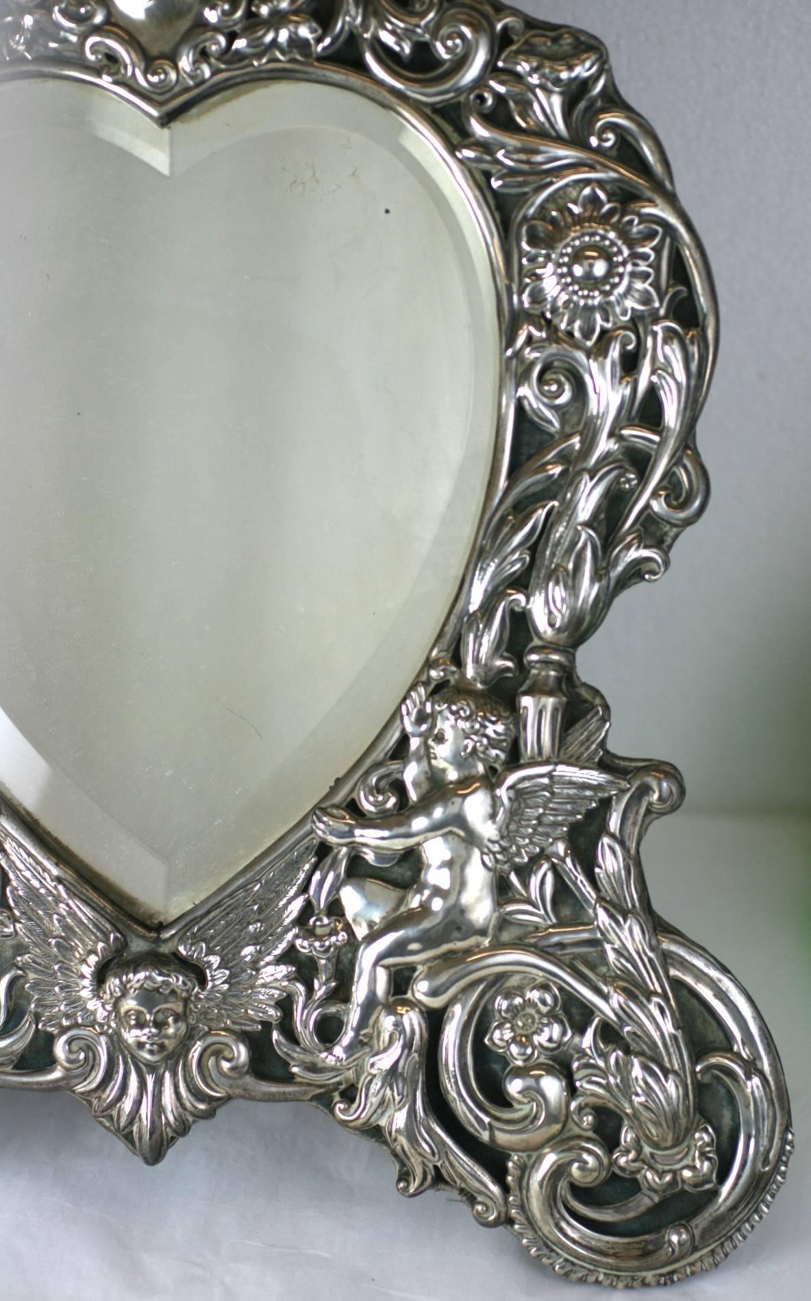 Repoussé Victorian Sterling Heart Formed Dressing Mirror For Sale