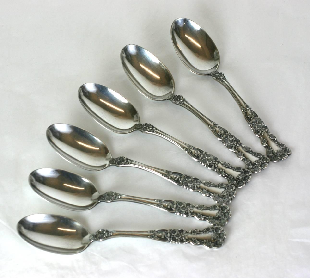 Set of Victorian Gorham sterling spoons in original box. Foliate patterned from the late 19th century. Set of six tea spoons, each measuring 6