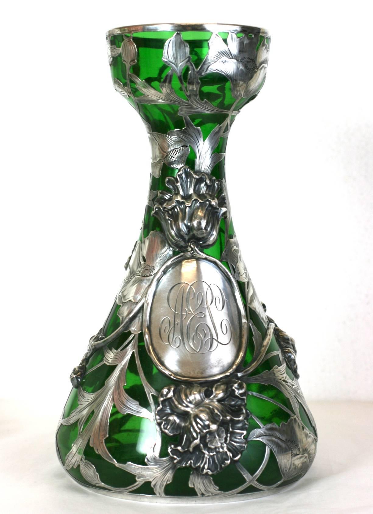 Exceptional Art Nouveau 3D Silver Overlay Vase, Alvin Mfg In Excellent Condition For Sale In Riverdale, NY