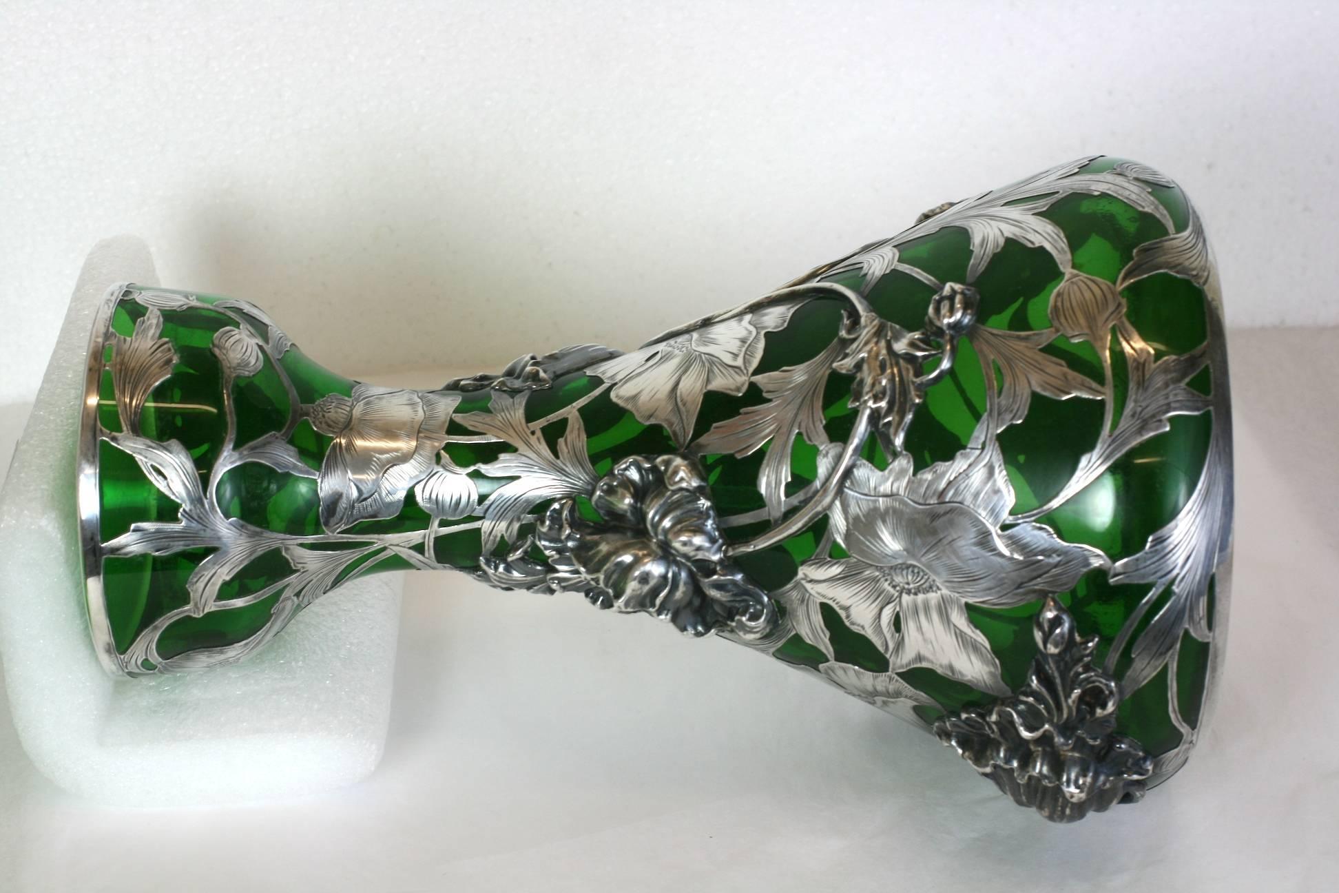 Exceptional Art Nouveau 3D Silver Overlay Vase, Alvin Mfg For Sale 1