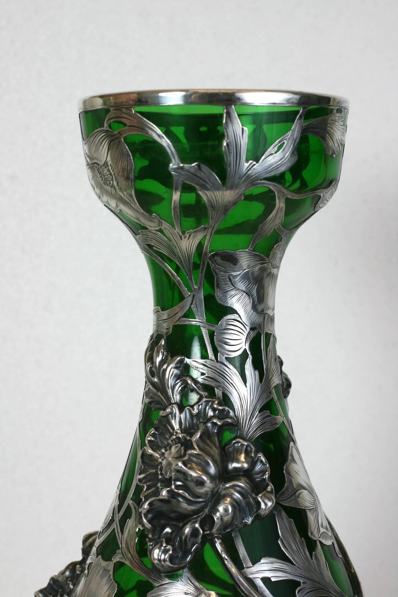 Exceptional Art Nouveau 3D Silver Overlay Vase, Alvin Mfg For Sale 3