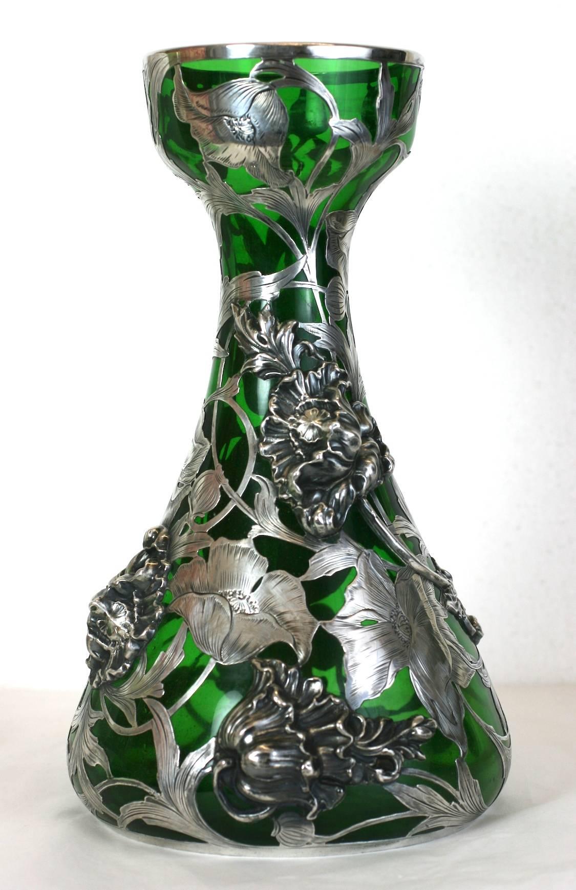 American Exceptional Art Nouveau 3D Silver Overlay Vase, Alvin Mfg For Sale