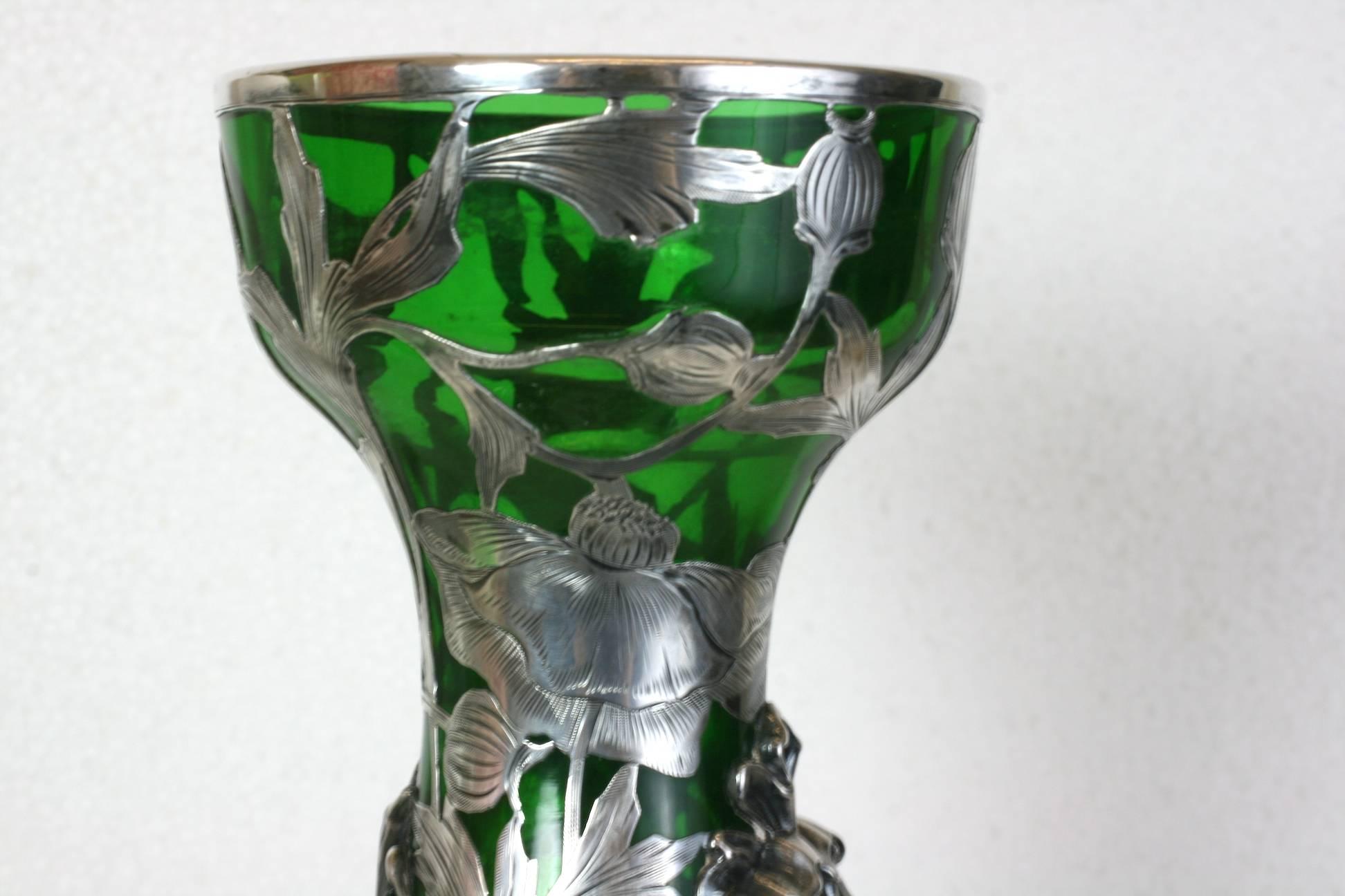 Exceptional Art Nouveau 3D Silver Overlay Vase, Alvin Mfg For Sale 5