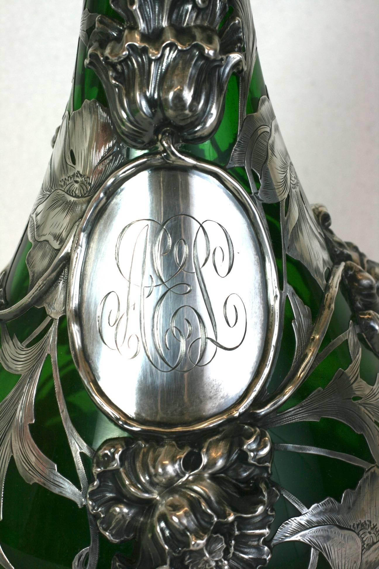 Late 19th Century Exceptional Art Nouveau 3D Silver Overlay Vase, Alvin Mfg For Sale