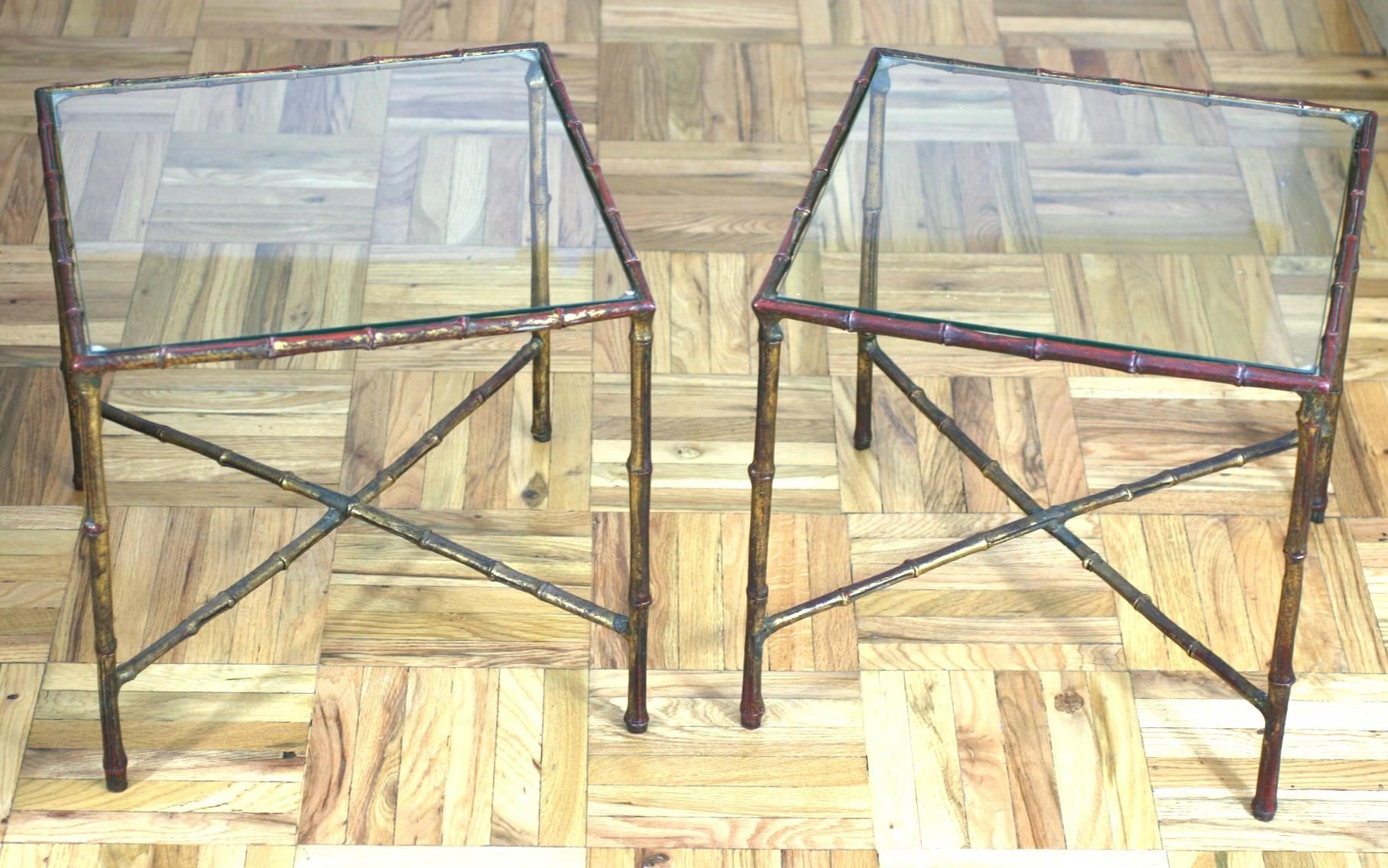 Gilt Pair of Faux Bamboo End Tables