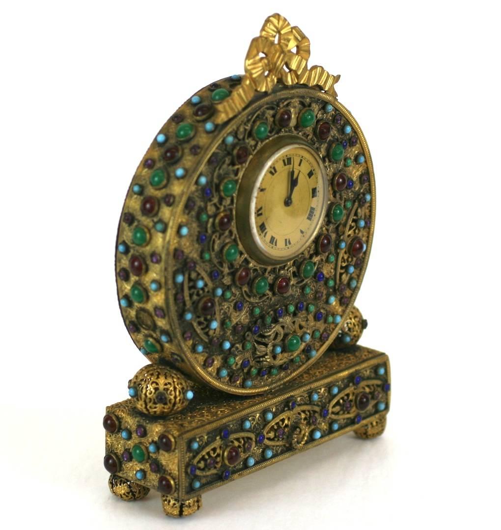 Art Deco Jeweled Gold Filigree Czech Vanity Clock