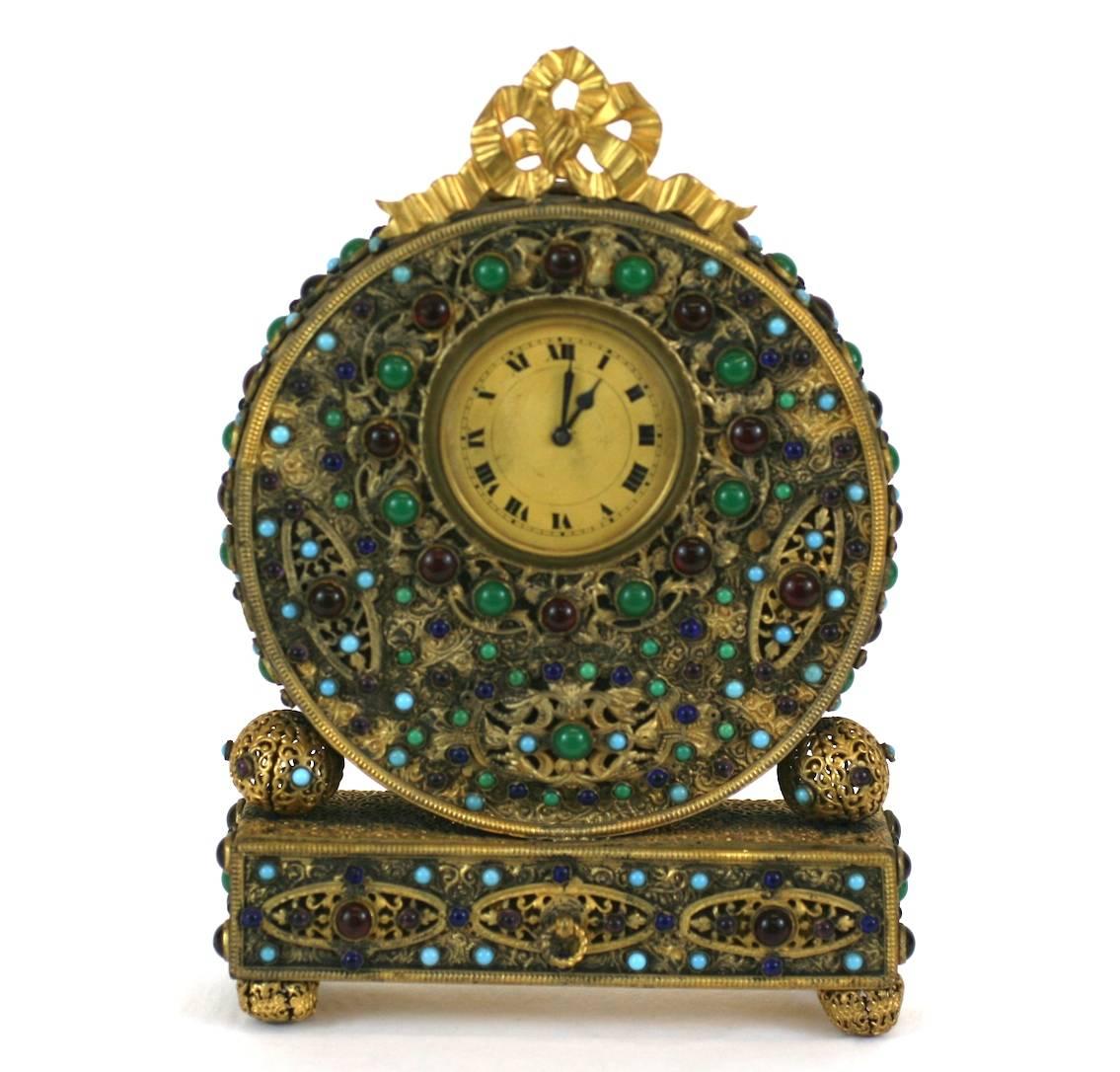 Amazing Decorative Jeweled Gold Filigree Czech Vanity Clock from the Art Deco period with a tiny jewelry drawer. Collector quality jeweled Czech workmanship. 1920's Czech. 8