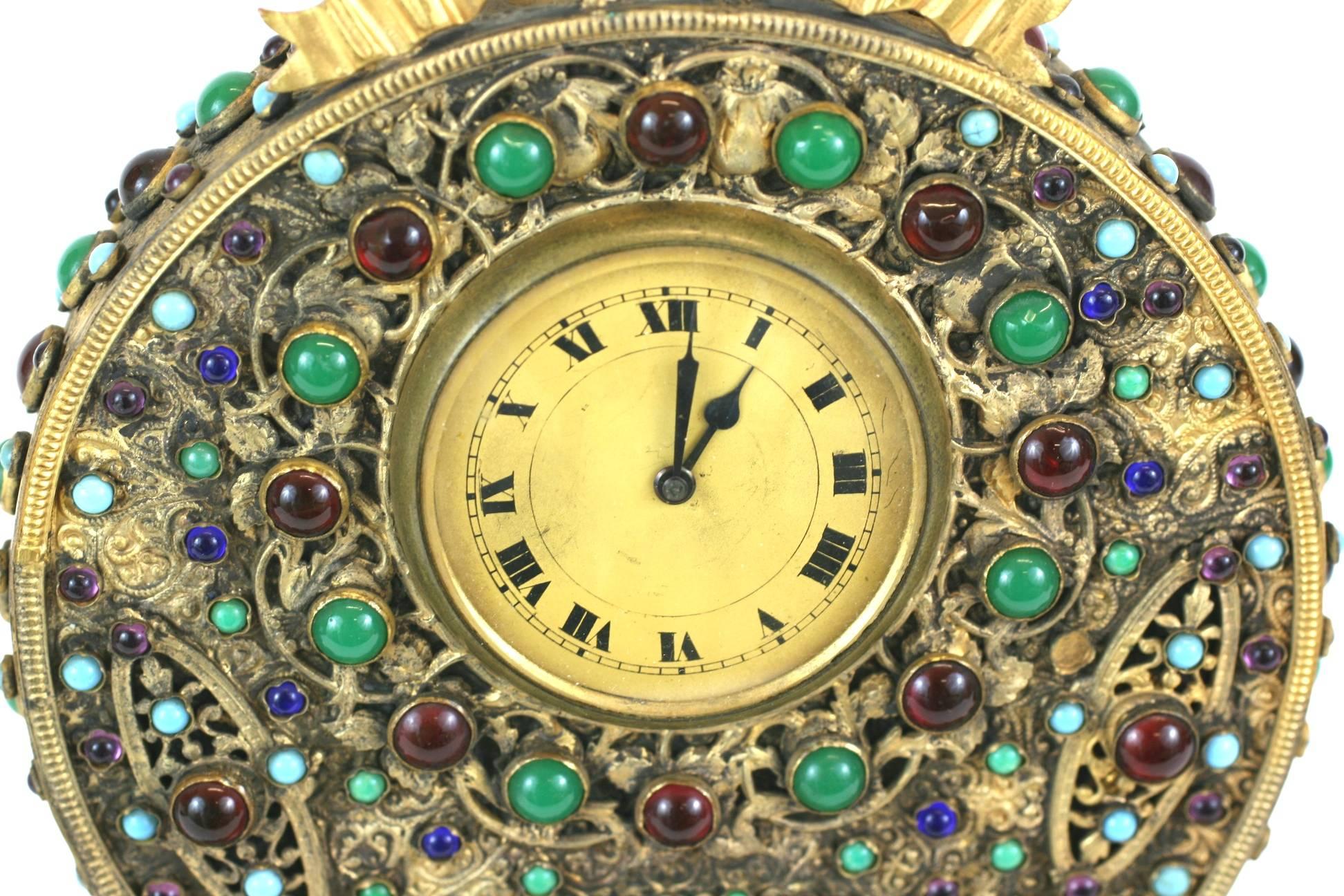 Jeweled Gold Filigree Czech Vanity Clock In Good Condition In Riverdale, NY